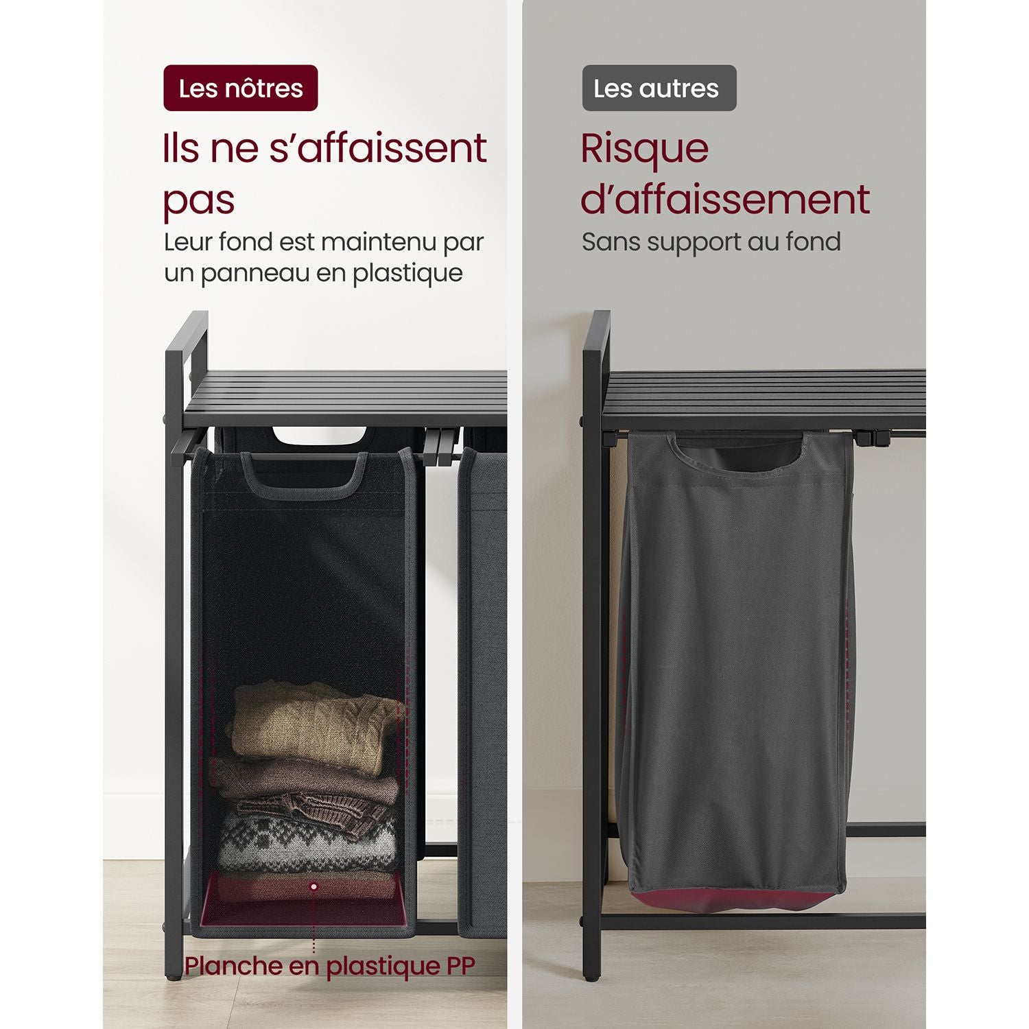 Panier à Linge Pliable, Panier Linge Bois, Panier à Linge Sale, Corbeille 3 Compartiment, Bac, 38L, Noir et Gris, VASAGLE, 5