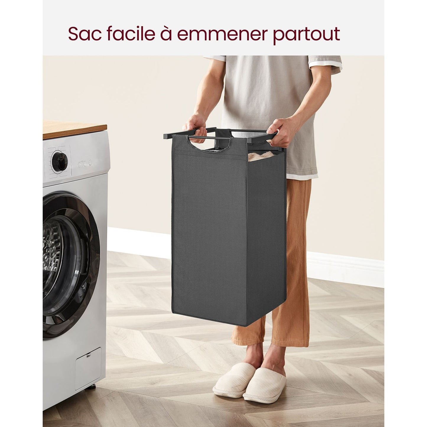 Panier à Linge Pliable, Panier Linge Bois, Panier à Linge Sale, Corbeille 3 Compartiment, Bac, 38L, Noir et Gris, VASAGLE, 2