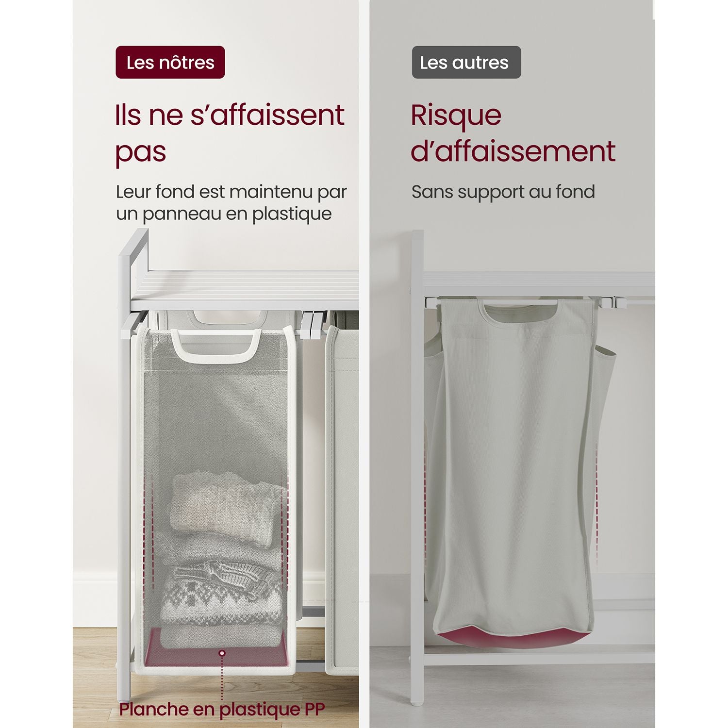 Panier à Linge Pliable, Panier Linge Bois, Panier à Linge Sale, Corbeille 3 Compartiment, Bac, 38L, Blanc, VASAGLE, 5