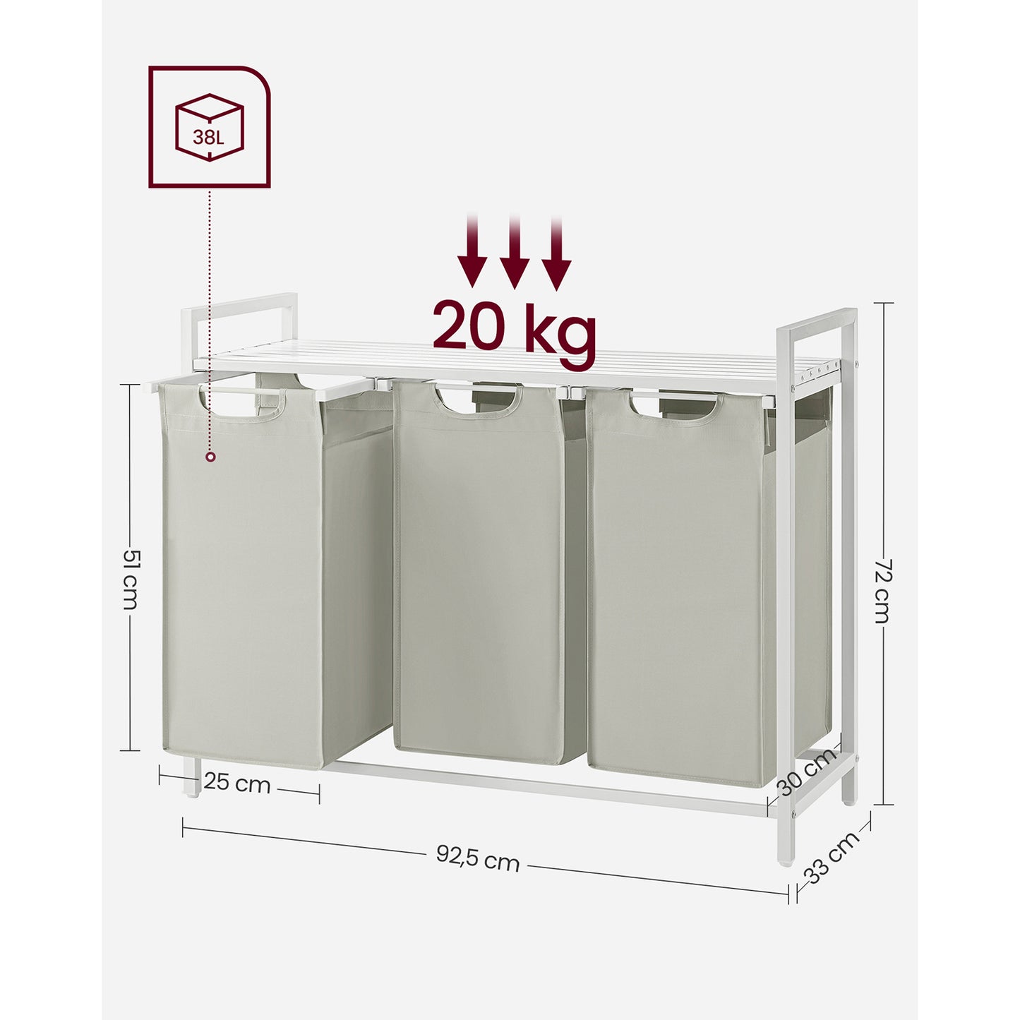 Panier à Linge Pliable, Panier Linge Bois, Panier à Linge Sale, Corbeille 3 Compartiment, Bac, 38L, Blanc, VASAGLE, 6