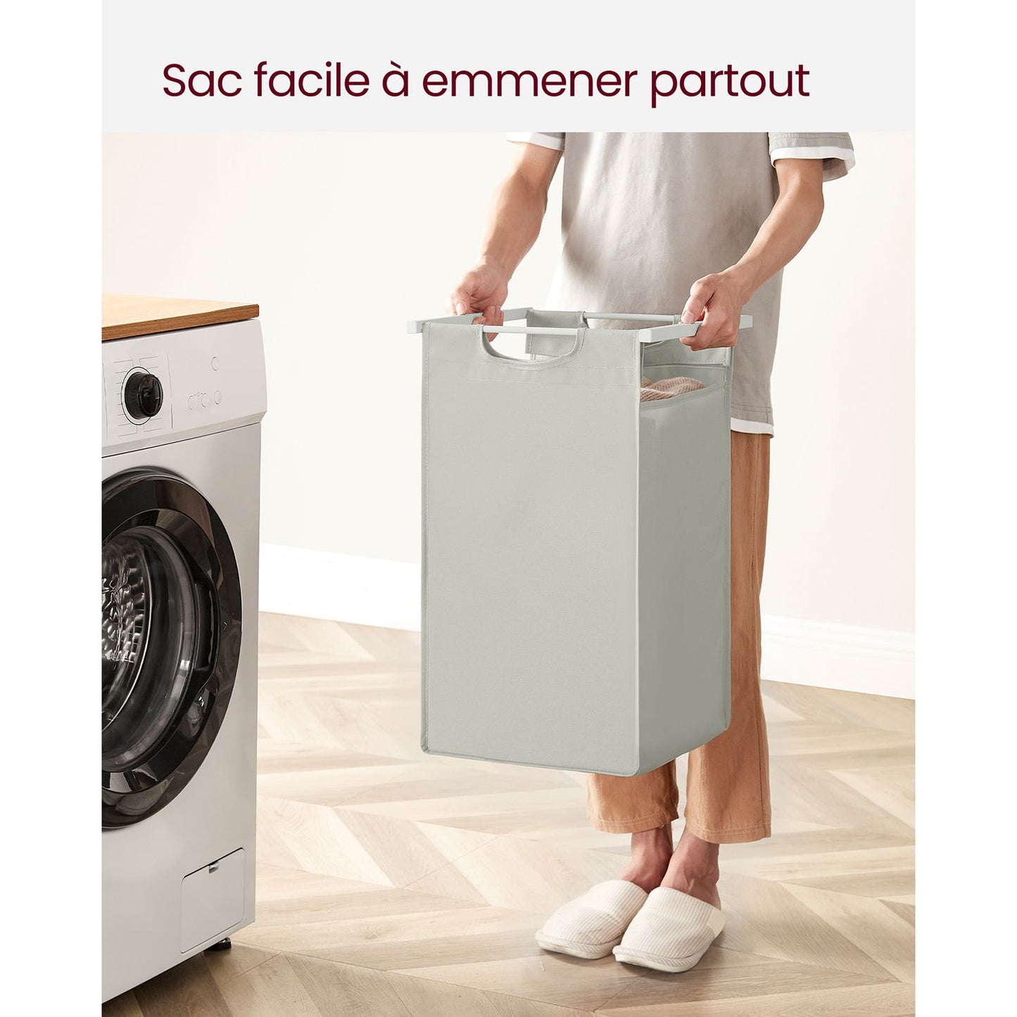 Panier à Linge Pliable, Panier Linge Bois, Panier à Linge Sale, Corbeille 3 Compartiment, Bac, 38L, Blanc, VASAGLE, 2