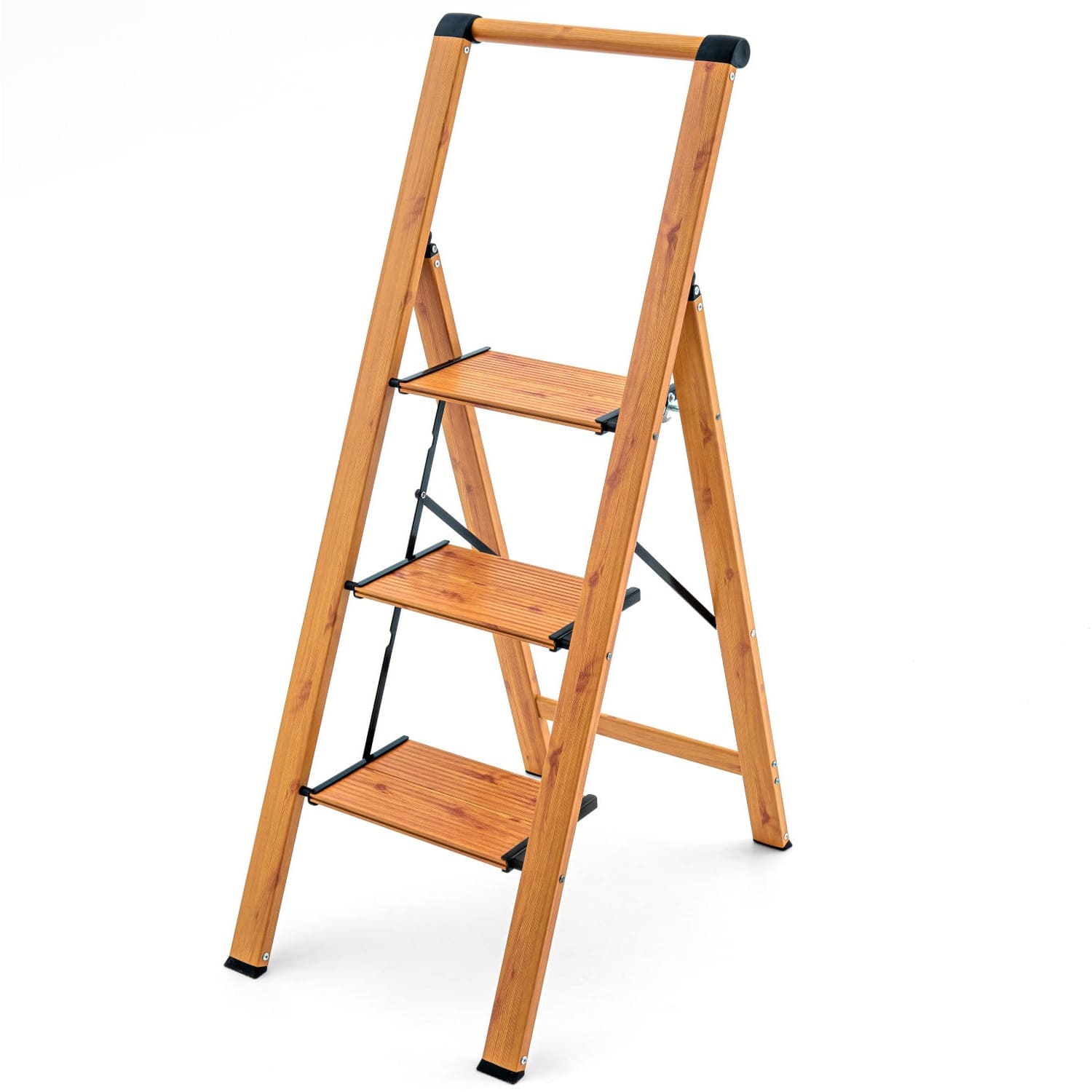 Tatkraft Up - Escabeau, Pliable, 3 Marches, échelle de ménage, stable jusqu'à 150 kg, aluminium, antidérapante, aspect bois scandinave