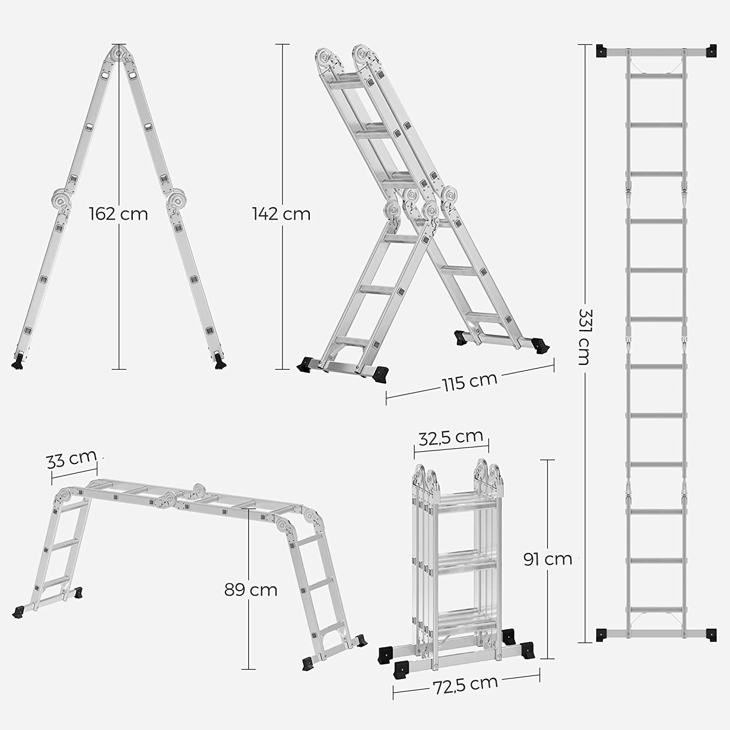 Échelle en aluminium, supporte jusqu'à 150 kg, Hauteur 331 cm, Divers usages, Pliable - SONGMICS