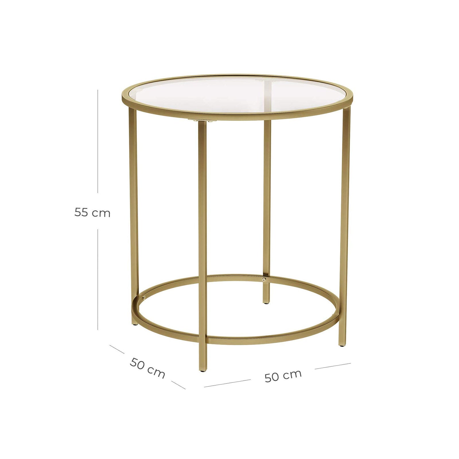 Table d’Appoint Ronde, Plateau en Verre Trempé, Armature Métallique Dorée, Bout de Canapé, Table Console, VASAGLE, 3