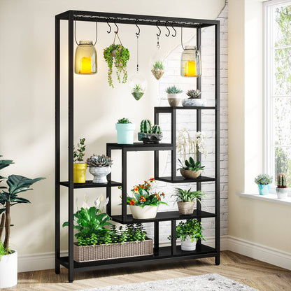 Tribesigns - Support pour plantes d'intérieur à 5 niveaux - Grande étagère en métal de 180 cm avec 10 crochets de suspension en S, Noir