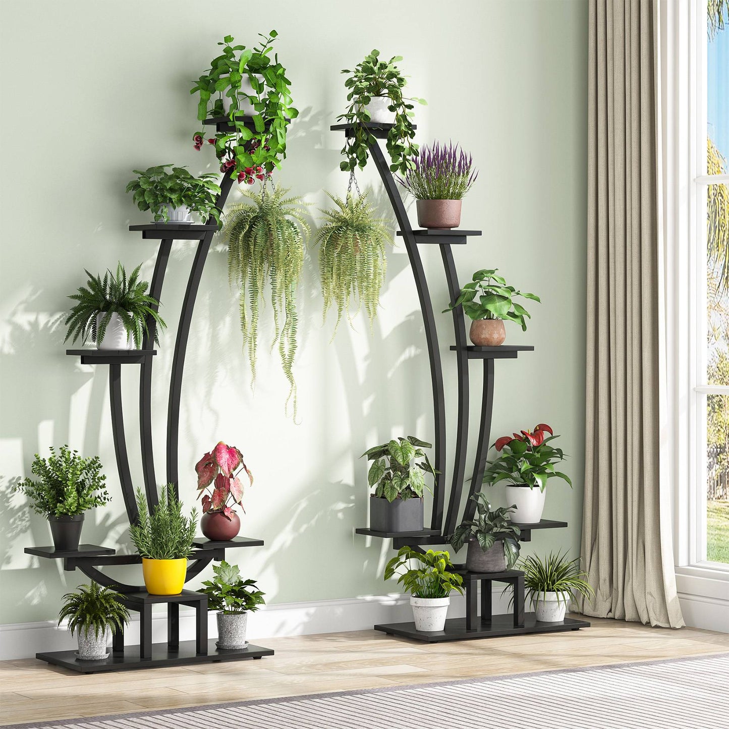 Tribesigns - Lot de 2 supports de plantes d'interieur à 5 étages en métal incurvé avec 2 crochets de suspension, multi-usages pour intérieur, balcon