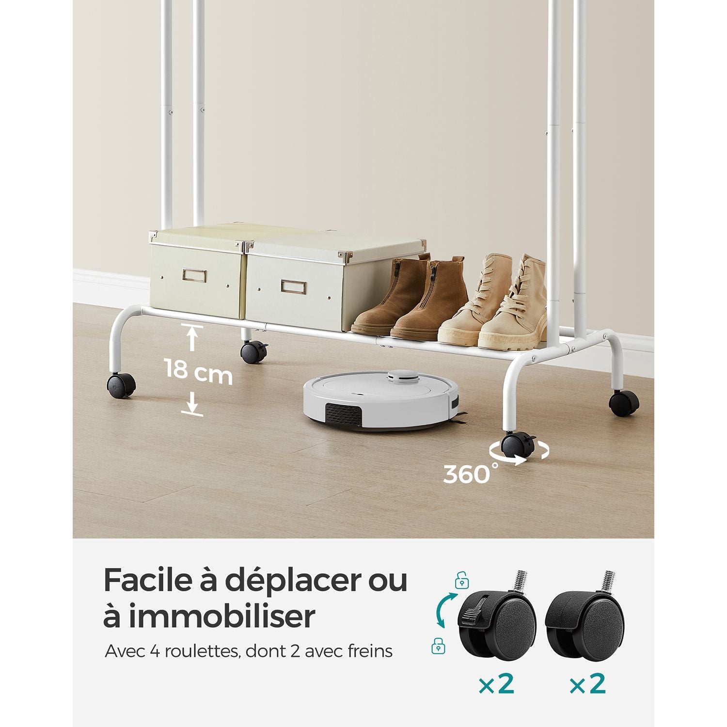 Portant à Vêtements, avec Roulettes, Double Barre, Porte-manteau, Porte Vetement Chambre, en Acier, Charge 100kg, SONGMICS, 5