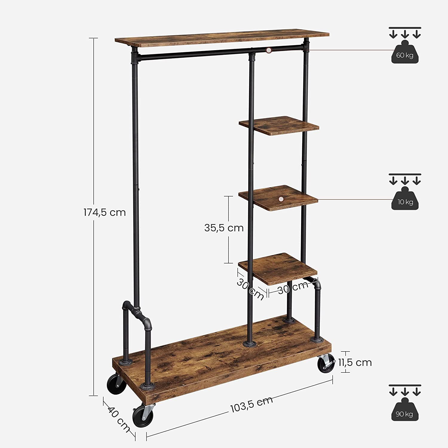 Portant à Vêtements Mobile, Vestiaire sur Roulettes, Meuble d’Entrée, Portant à Vêtements à 5 Niveaux, VASAGLE, 1