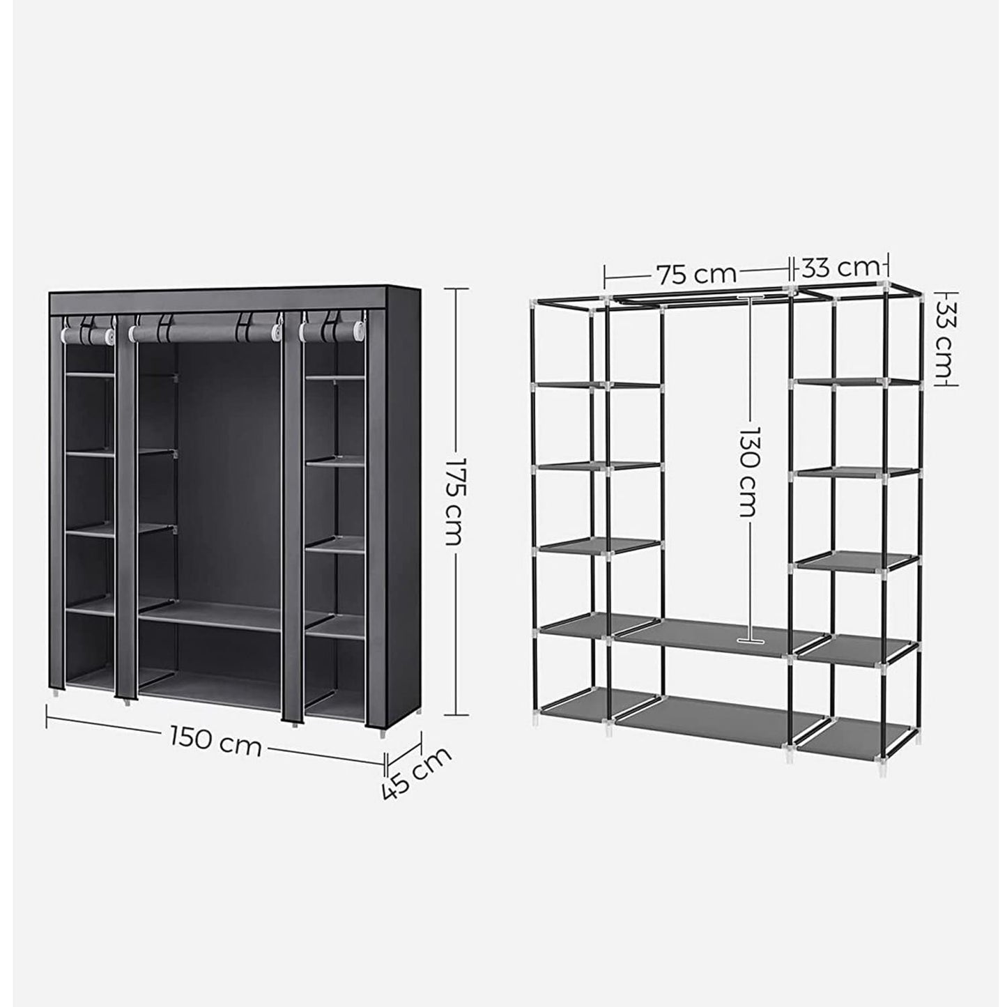 Armoire XXL, armoire pliante, armoire en tissu avec tringle à vêtements, 3 portes roulantes, armoire de camping, gris, SONGMICS, 3