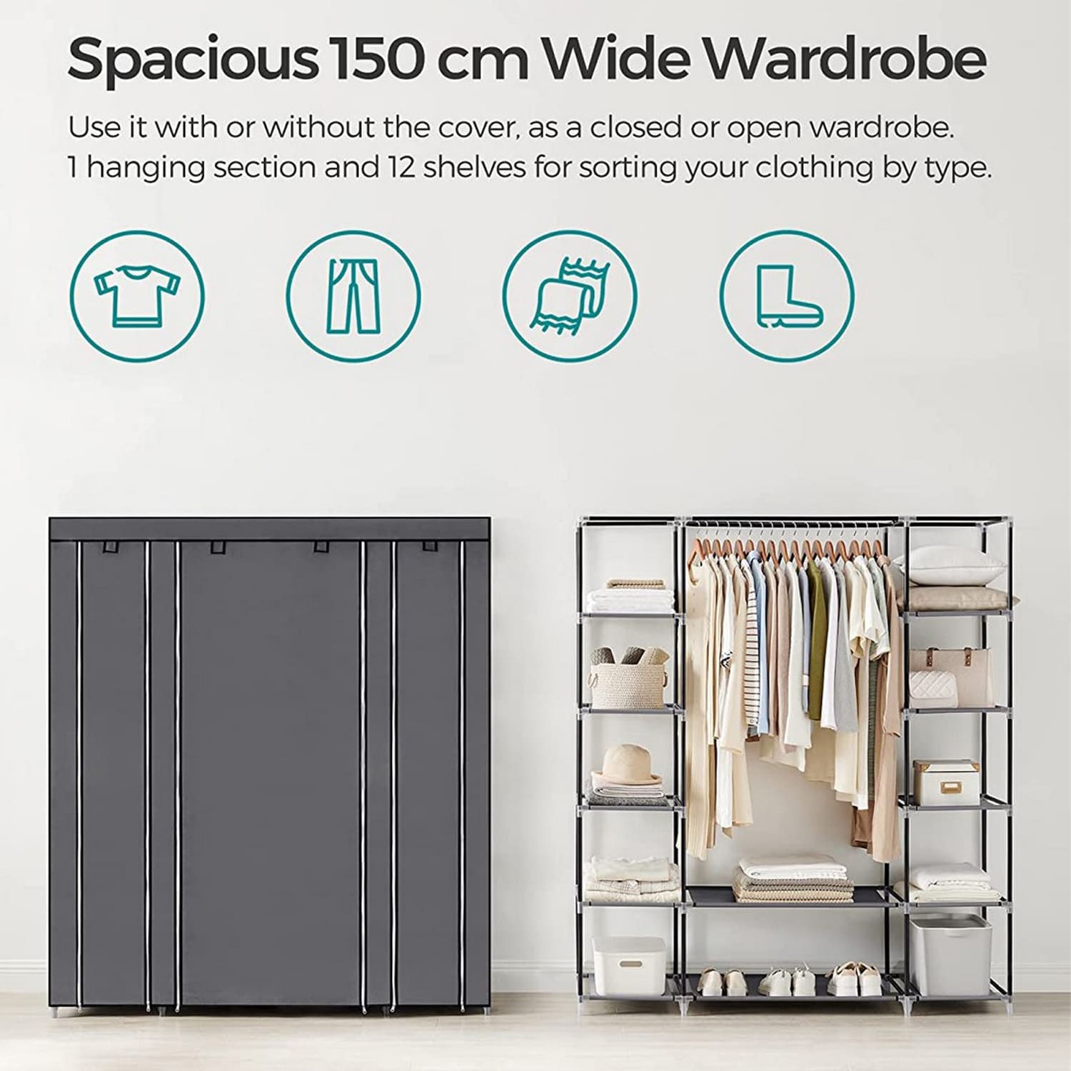 Armoire XXL, armoire pliante, armoire en tissu avec tringle à vêtements, 3 portes roulantes, armoire de camping, gris, SONGMICS, 2