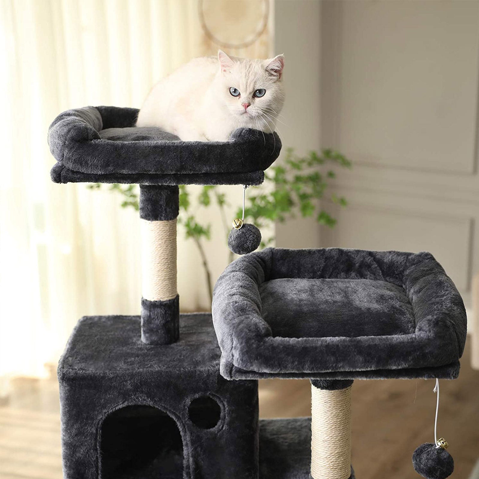 Grand Arbre à Chat, Hauteur 143 cm, Tour de Jeux pour Chat, avec 11 Poteaux à Griffer, 2 Plateformes, 2 Pompons, Feandrea, 2