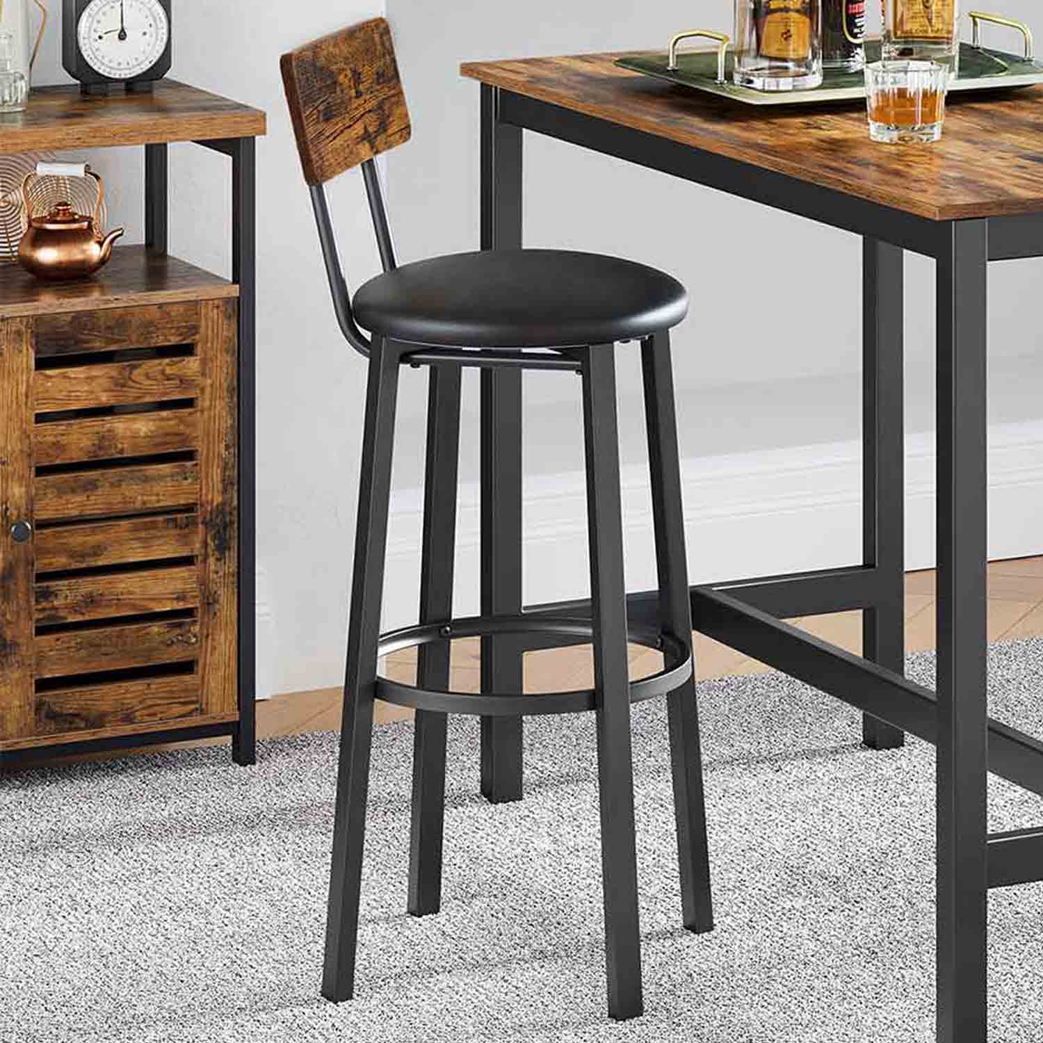 Tabouret de Bar, Lot de 2, Chaise de Cuisine, Rembourré, PU, Assise 75,5 cm, Repose-Pieds, Montage Simple, VASAGLE, 2