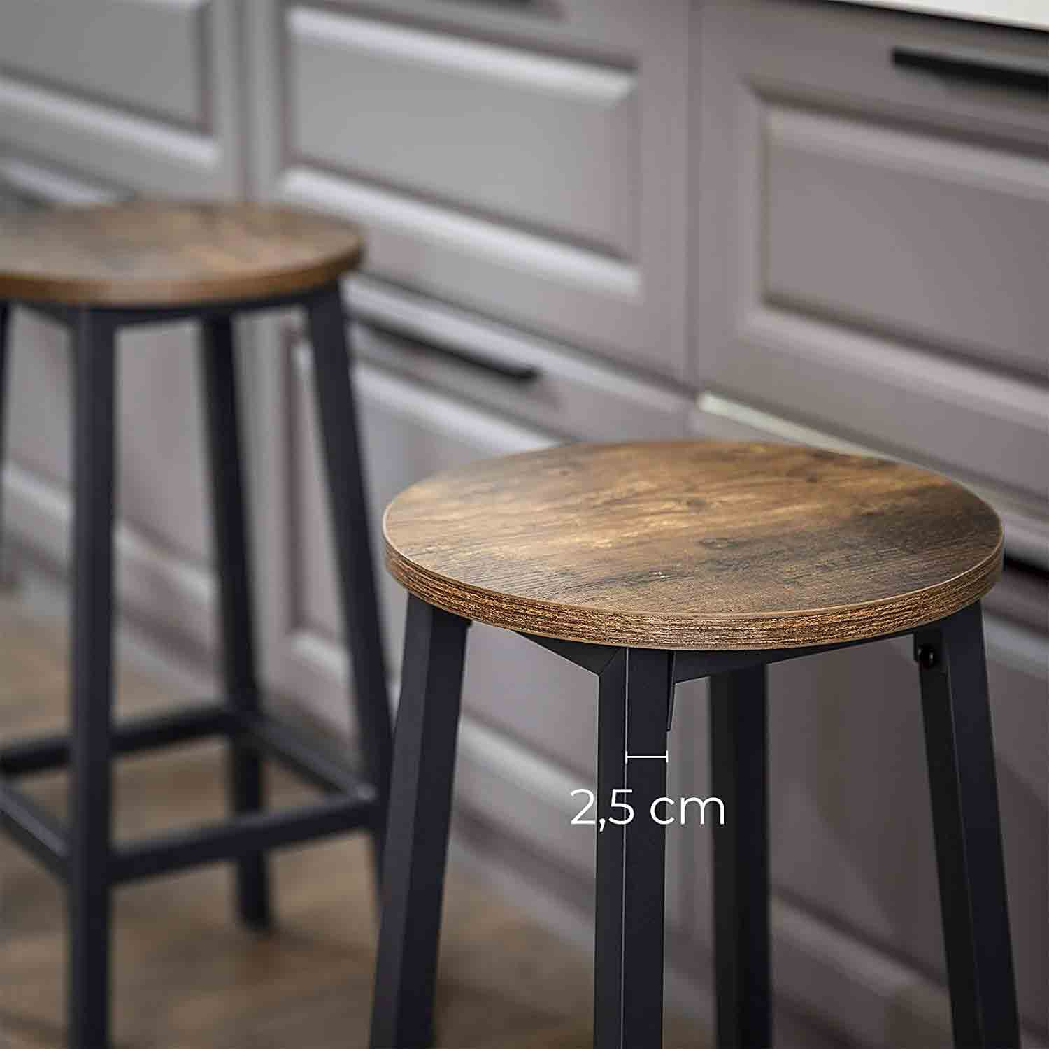 Tabourets Hauts, Lot de 2, Chaises de Bar, Siège de Cuisine, Cadre en Acier, Hauteur 65 cm, Montage Facile, VASAGLE, 2