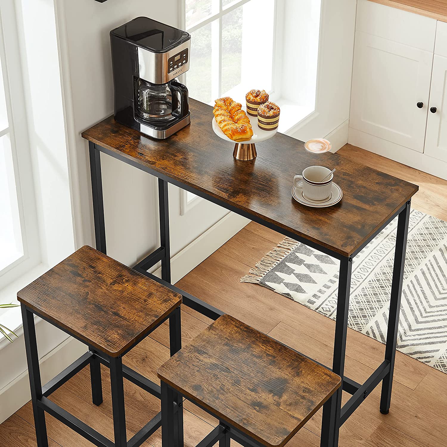 Ensemble Table de Bar avec Tabourets, Table à Manger avec 2 Chaises, Table de Cuisine 40 x 100 x 90 cm, VASAGLE, 2