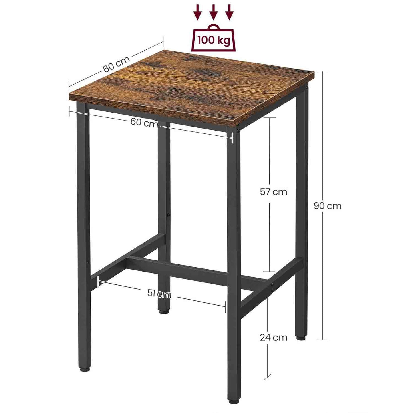 VASAGLE - Table Haute, Table de Bar carrée, Cadre en Acier Robuste, 60 x 60 x 90 cm, Montage Facile, pour Cuisine, Salon, Style Industriel
