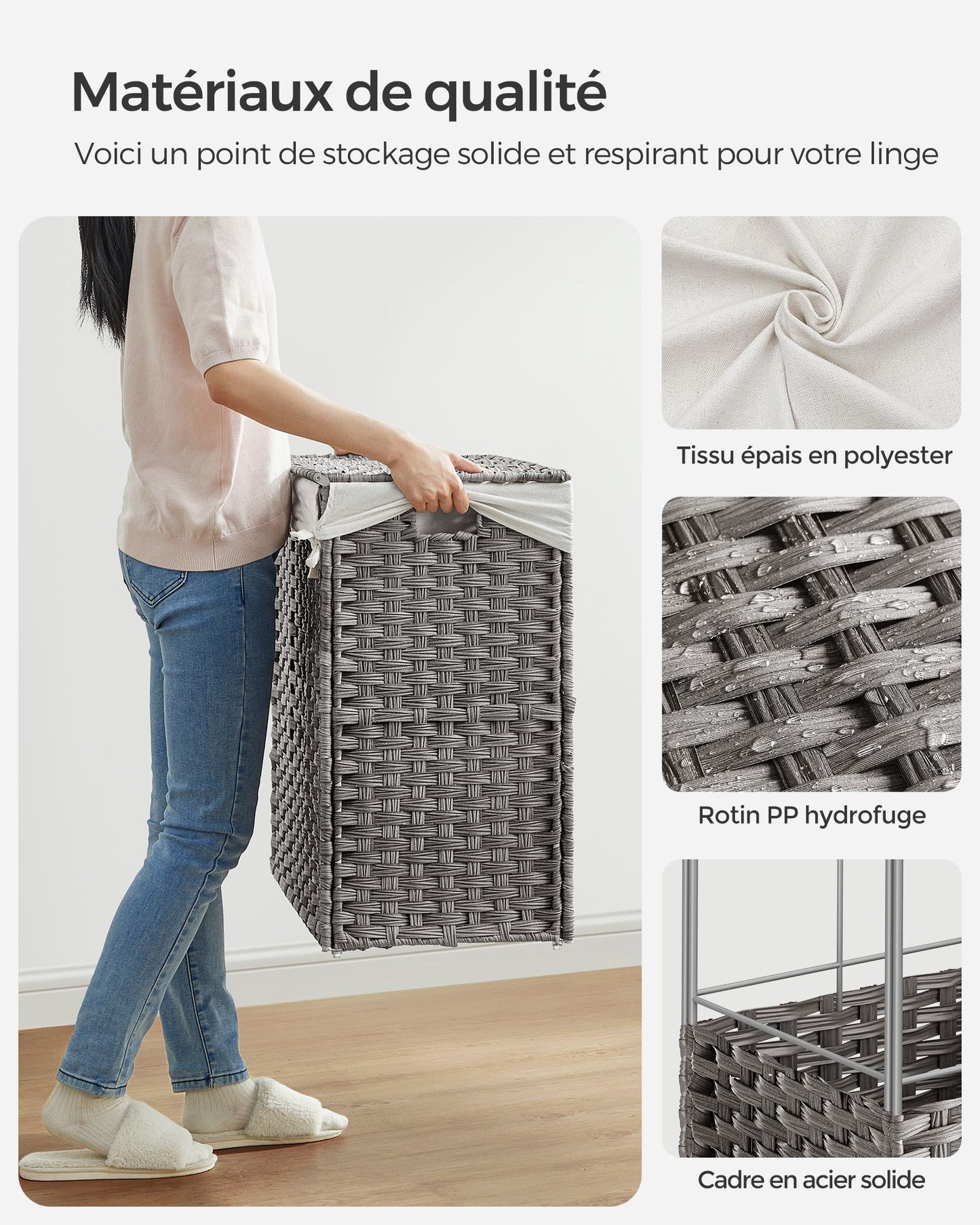 Panier à Linge Pliable, Panier Linge Bois, Panier à Linge Tissé à la Main, 140L, 66 x 33 x 60 cm, Gris, SONGMICS, 7