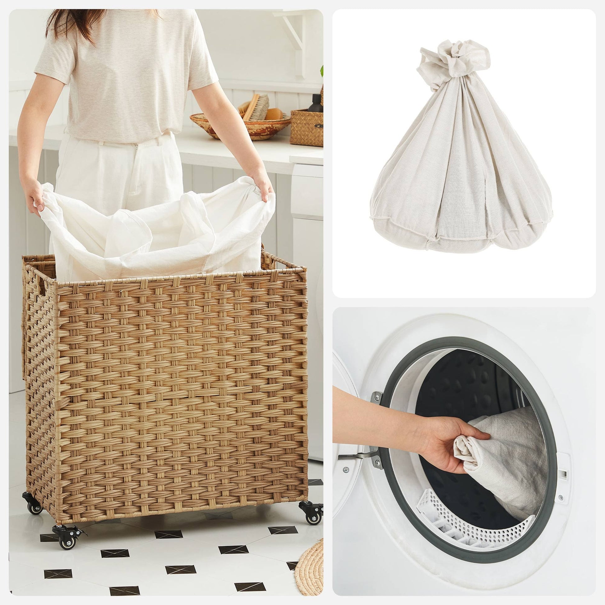 Panier à Linge Osier avec Couvercle, 140L, Corbeille Linge Tressé, avec Roulettes, 3 Compartiments, SONGMICS, 7