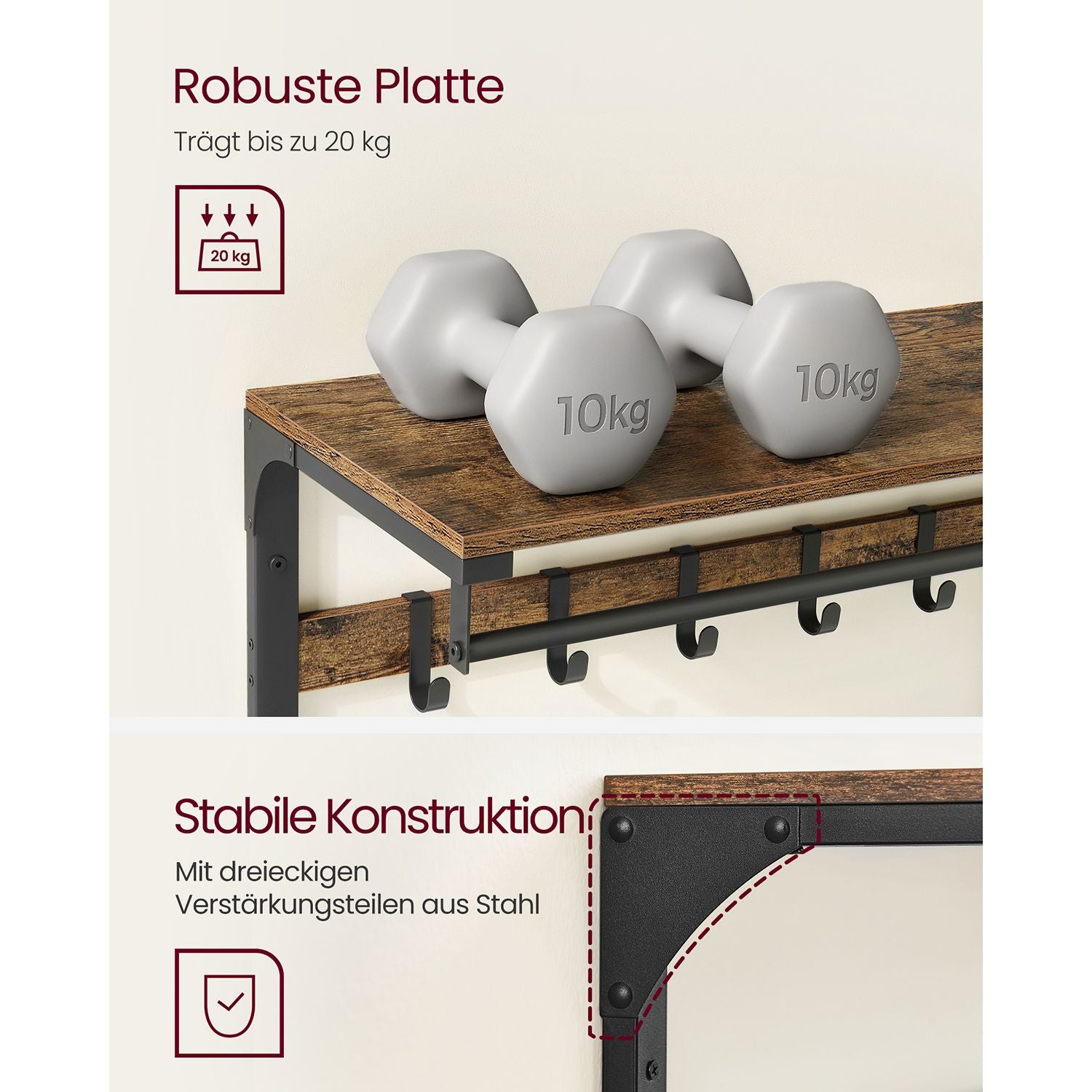 Armoire murale, avec étagère, étagère murale avec 10 crochets amovibles, étagère suspendue, 2 bandes de vestiaire, VASAGLE, 3