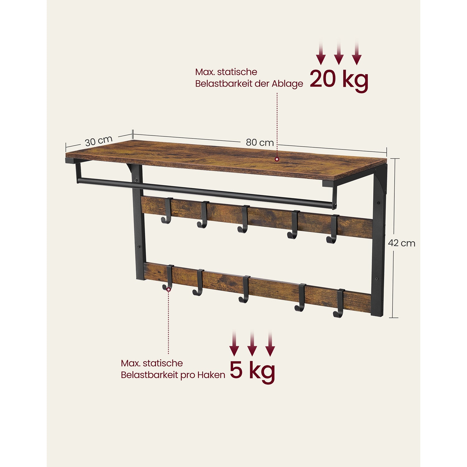 Armoire murale, avec étagère, étagère murale avec 10 crochets amovibles, étagère suspendue, 2 bandes de vestiaire, VASAGLE, 4