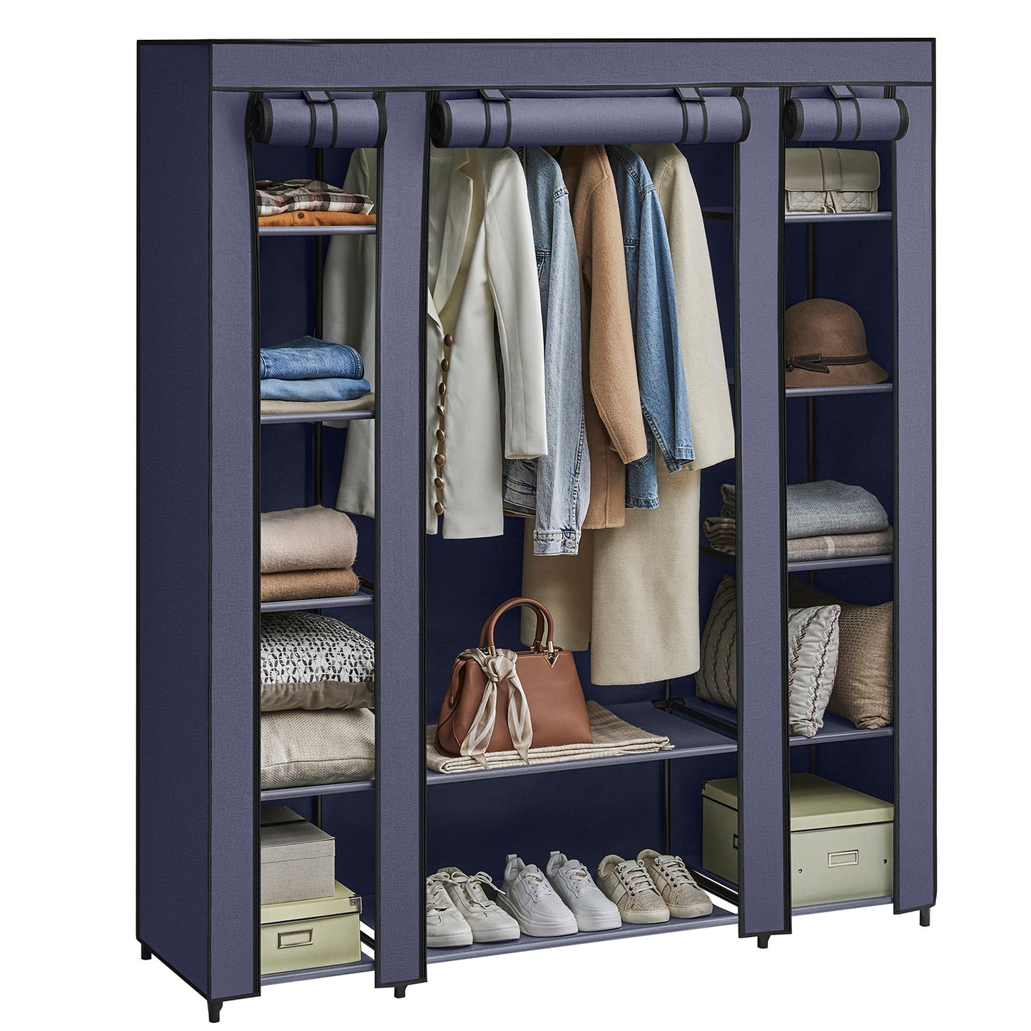 Armoire en tissu avec rail de vêtements et cadre en métal