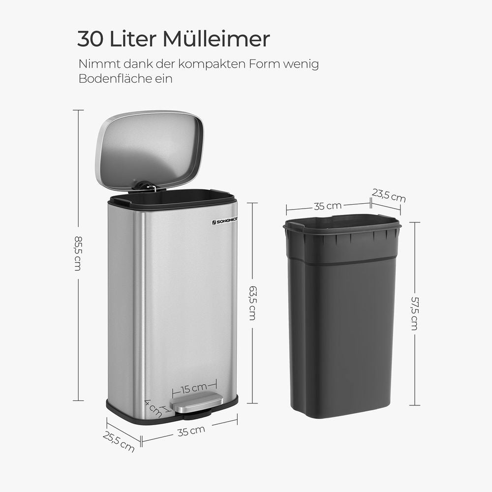 Poubelle Cuisine 30L, Poubelle à Pédale, avec Couvercle à Fermeture en Douceur, Seau Intérieur, en Acier, Argent, SONGMICS, 4