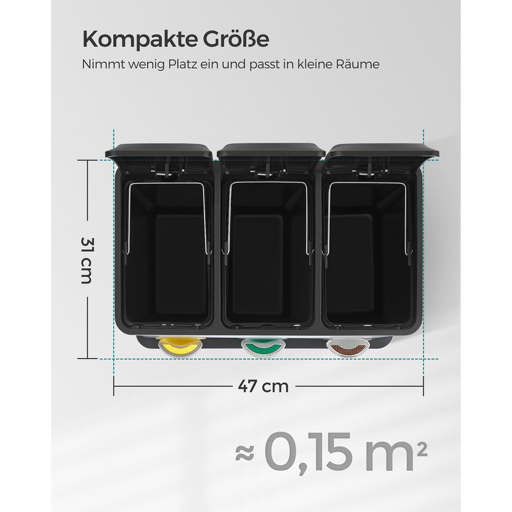 Poubelle Cuisine, Poubelle de Tri 3 x 8L, avec Couvercles, Poubelle Triple en Acier pour Les Petites Familles, SONGMICS, 3