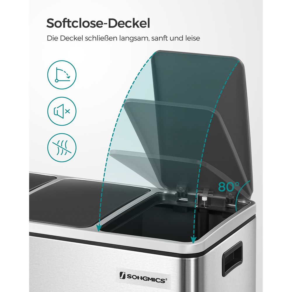 Poubelle Tri Sélectif 3 Bacs, 3 x 18L, Poubelle 3 Compartiments, Couvercle à Fermeture Lente, SONGMICS, 3