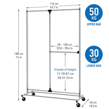 Portant à Vêtements Extensible Roulant 2 Tringles, Penderie Double à Roulettes Modulable, Tatkraft Marvel, 4