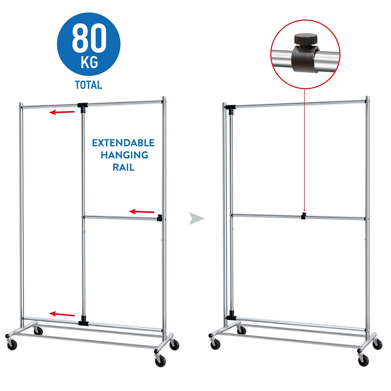 Portant à Vêtements Extensible Roulant 2 Tringles, Penderie Double à Roulettes Modulable, Tatkraft Marvel, 2