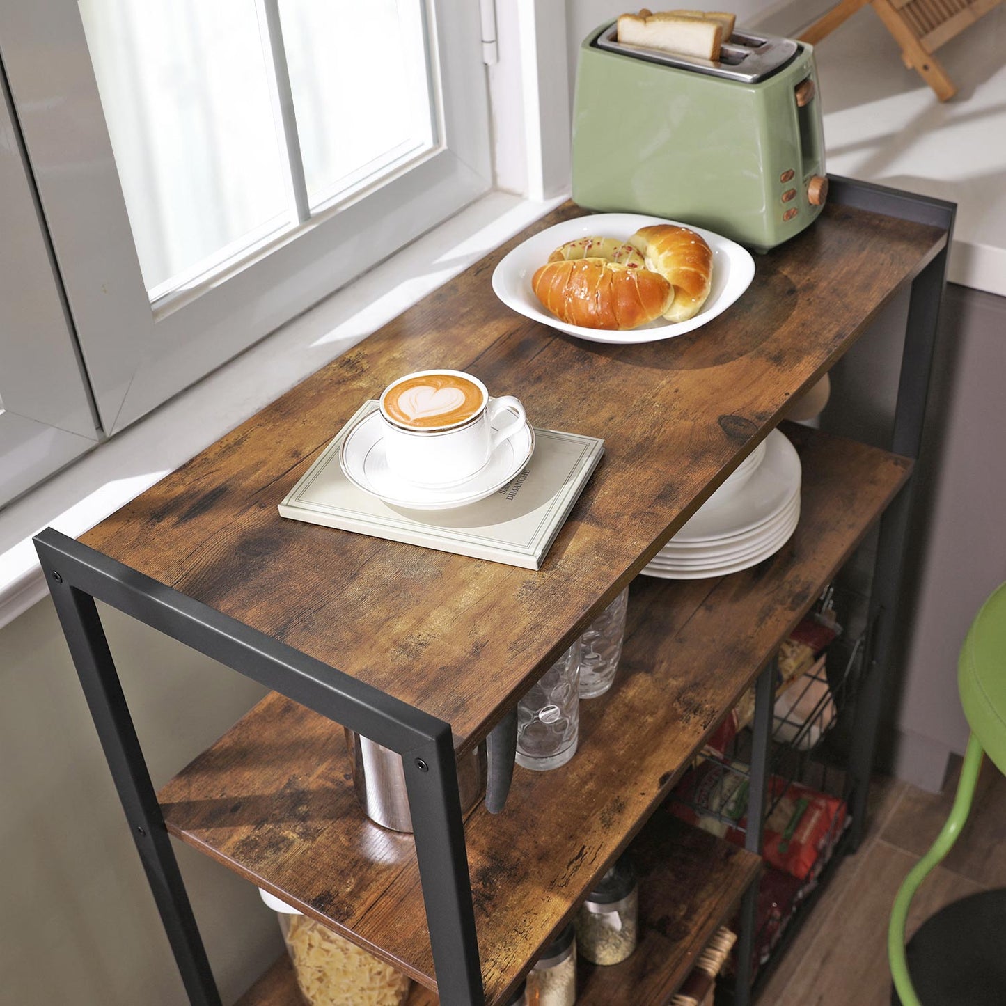 VASAGLE - Étagère debout avec 2 paniers en métal, étagère de cuisine, étagère de boulanger avec crochets et étagères, étagère micro-ondes