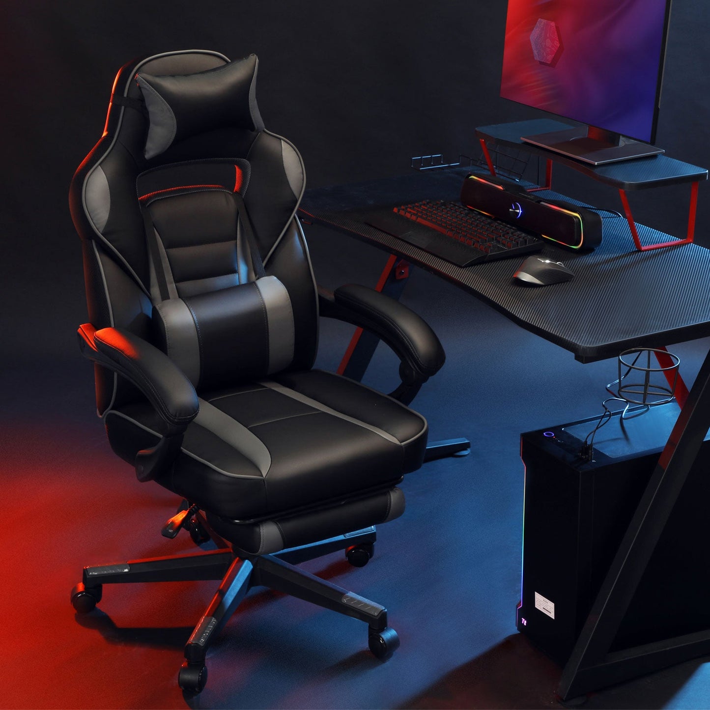 SONGMICS - Fauteuil gamer, Chaise gaming, Siège de bureau réglable, avec repose-pieds télescopique, Noir et gris