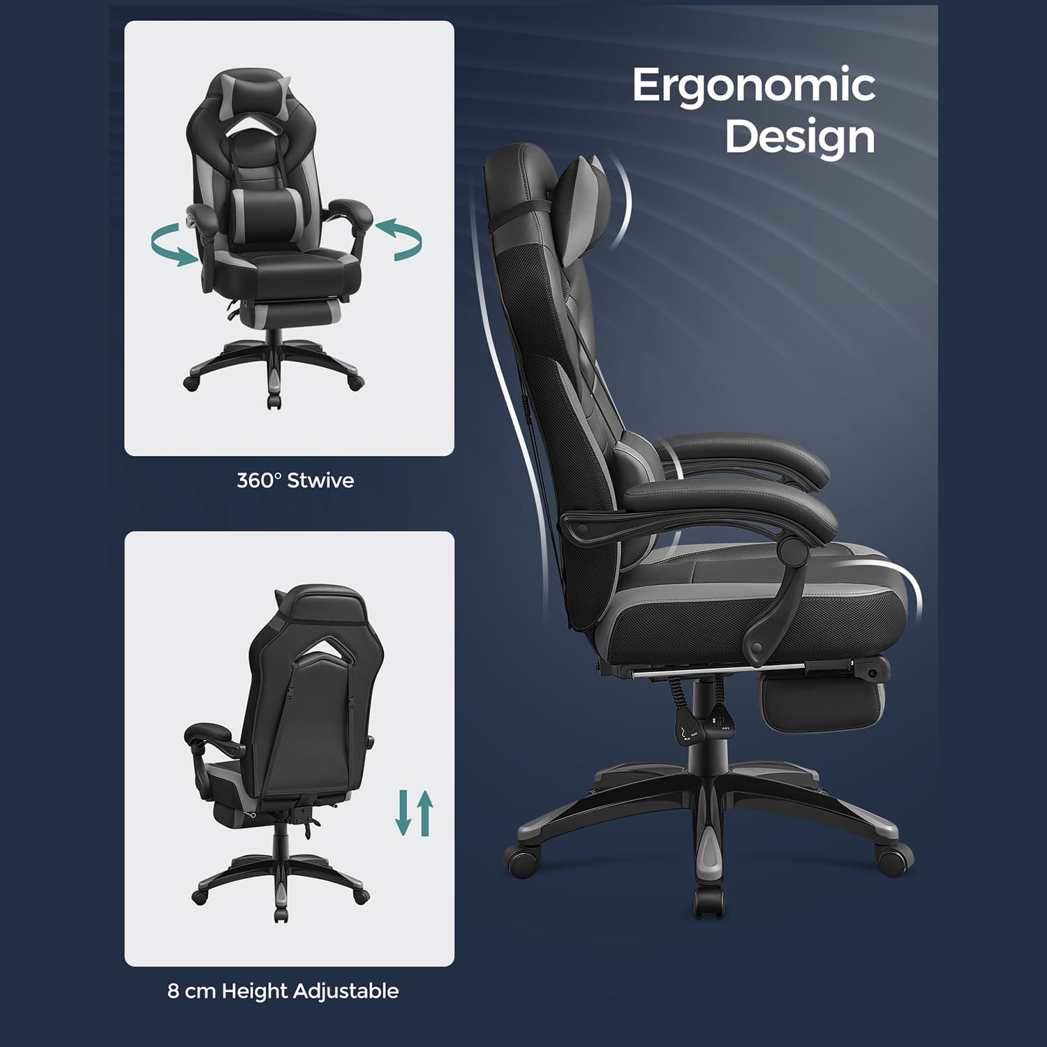 SONGMICS - Chaise de jeu, Design unique,Conception ergonomique, réglable en hauteur, rotatif à 360°