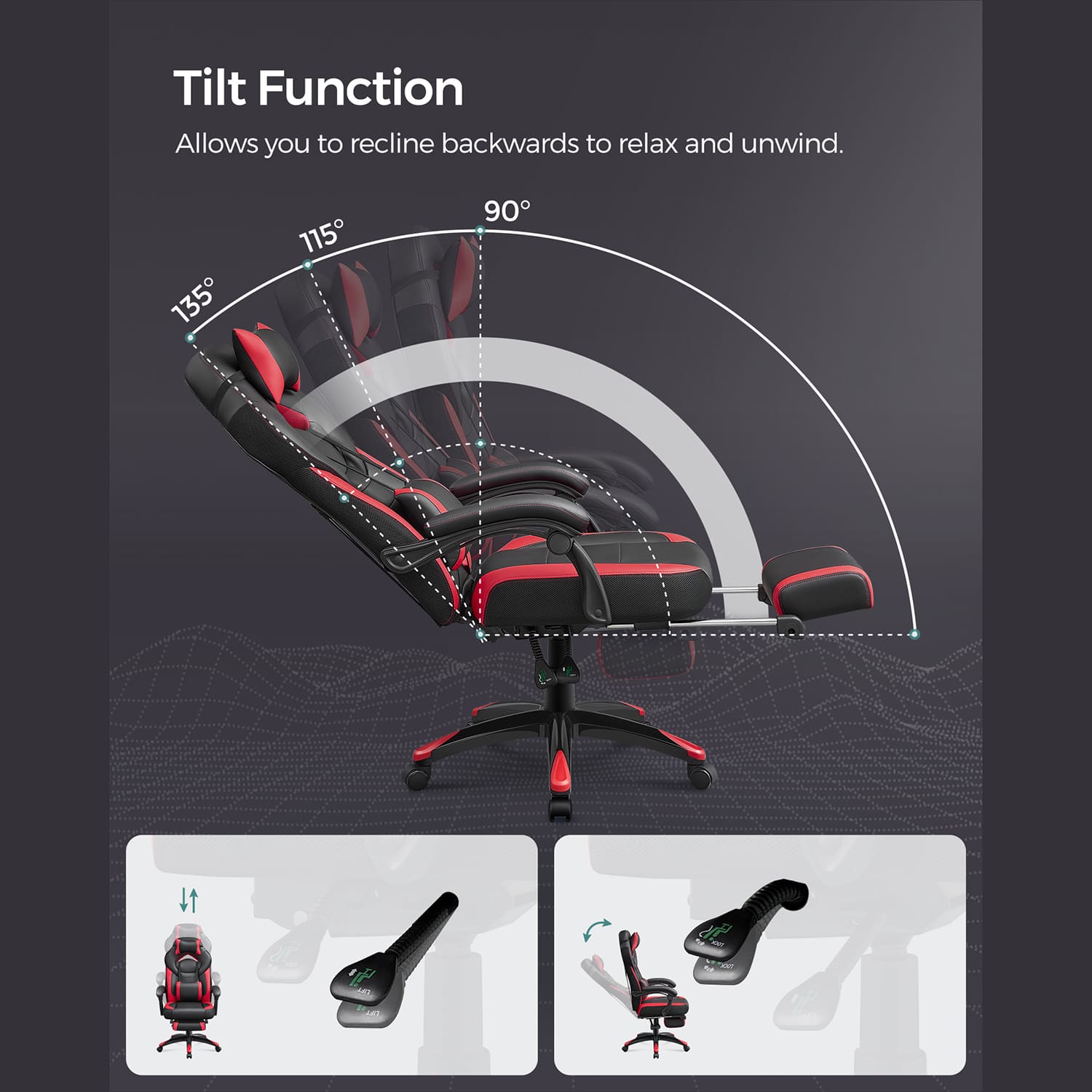 SONGMICS - Chaise de jeu, avec repose-pieds, appui-tête réglable, angle d'inclinaison à trois positions : 90°, 115°, 135°