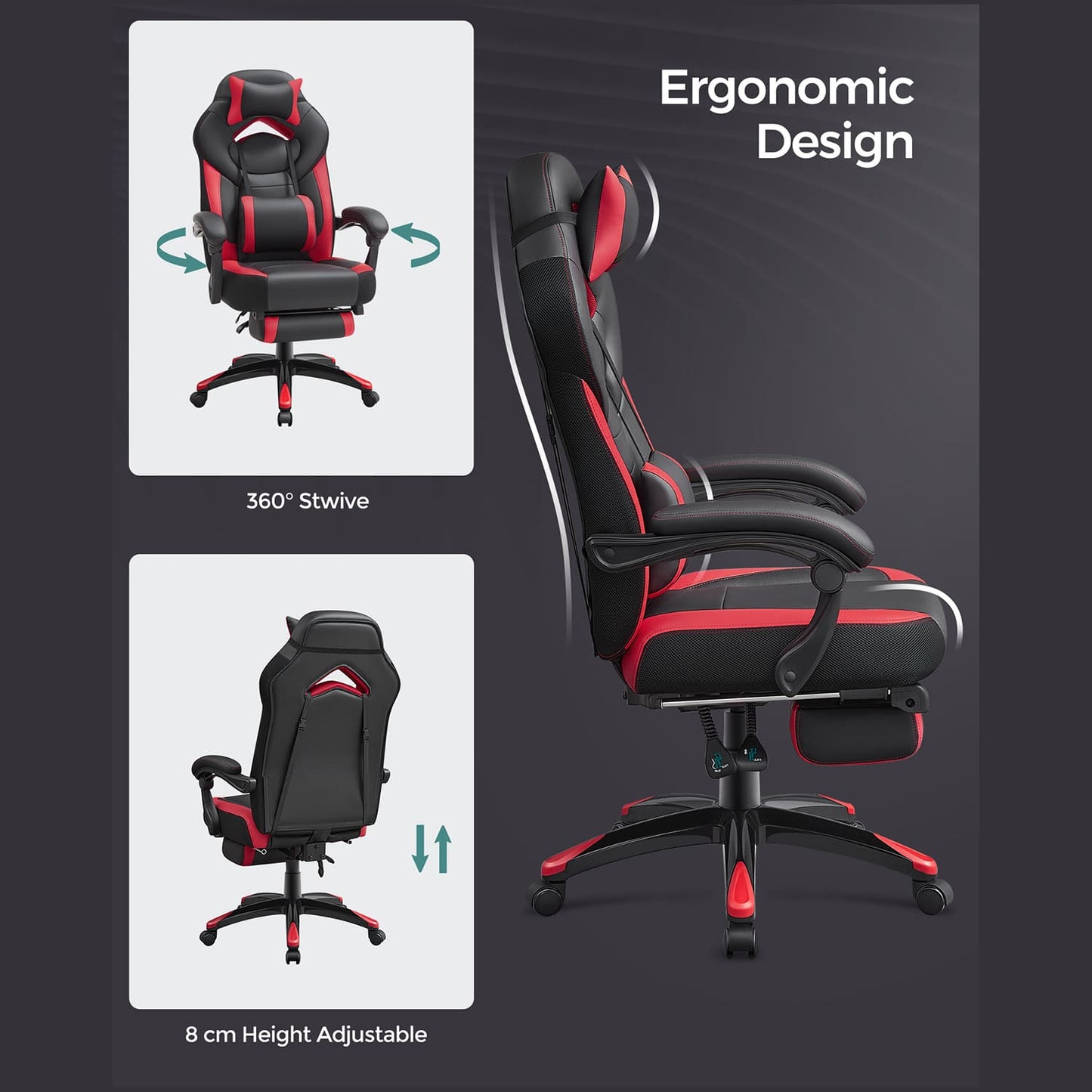 SONGMICS - Chaise gamer, Design ergonomique, avec repose-pieds, réglable en hauteur sur 8 cm, pivote à 360°