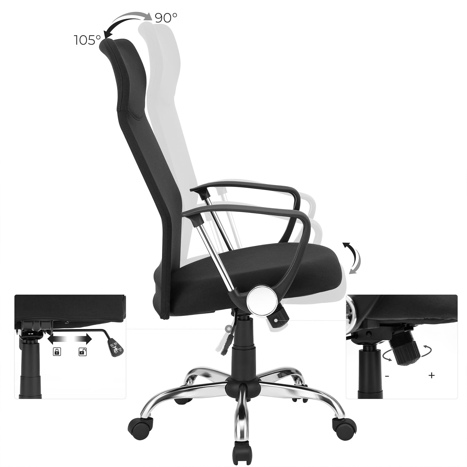 Chaise de bureau, chaise d'ordinateur, fauteuil roulant, angle d'assise 90-105 degrés - SONGMICS