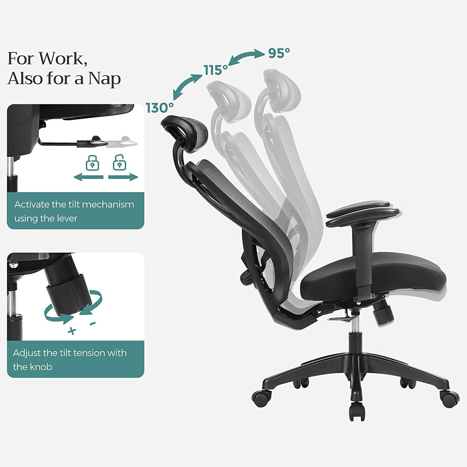 SONGMICS - Chaise Bureau, angles de dossier ajustables à 95°, 115° ou 130°