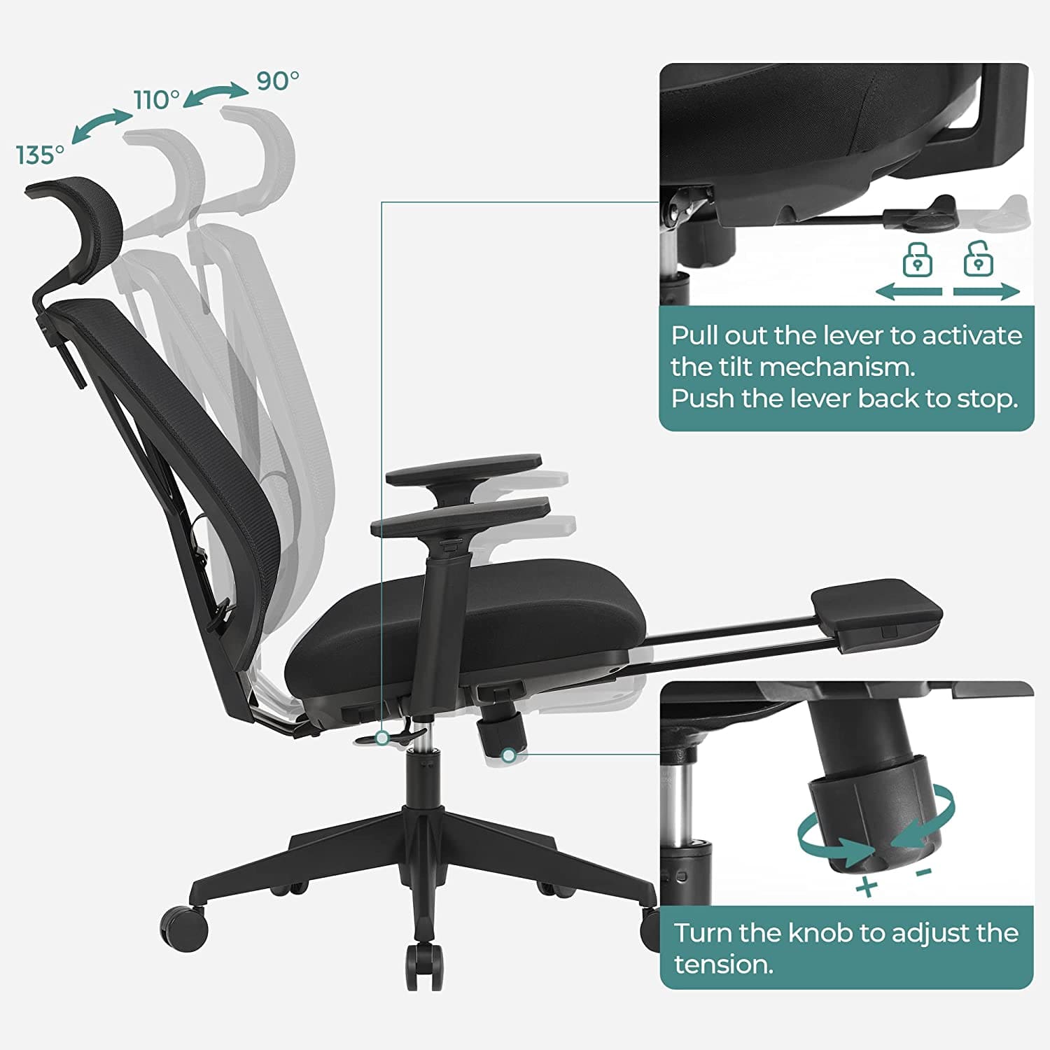 Chaise ergonomique, Chaise de bureau, Siège inclinable - trois niveaux d'inclinaison 90°-110°-135° cm, SONGMICS
