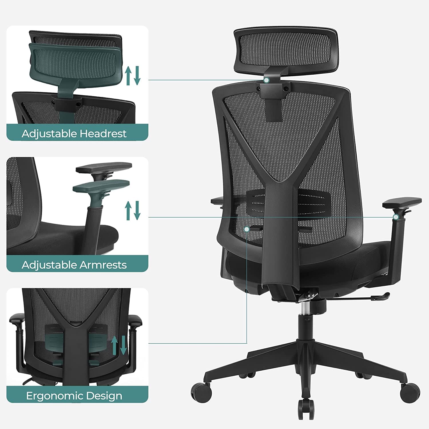 Chaise d'ordinateur, Chaise de bureau, Appui-tête et accoudoirs réglables, Chaise ergonomique, SONGMICS