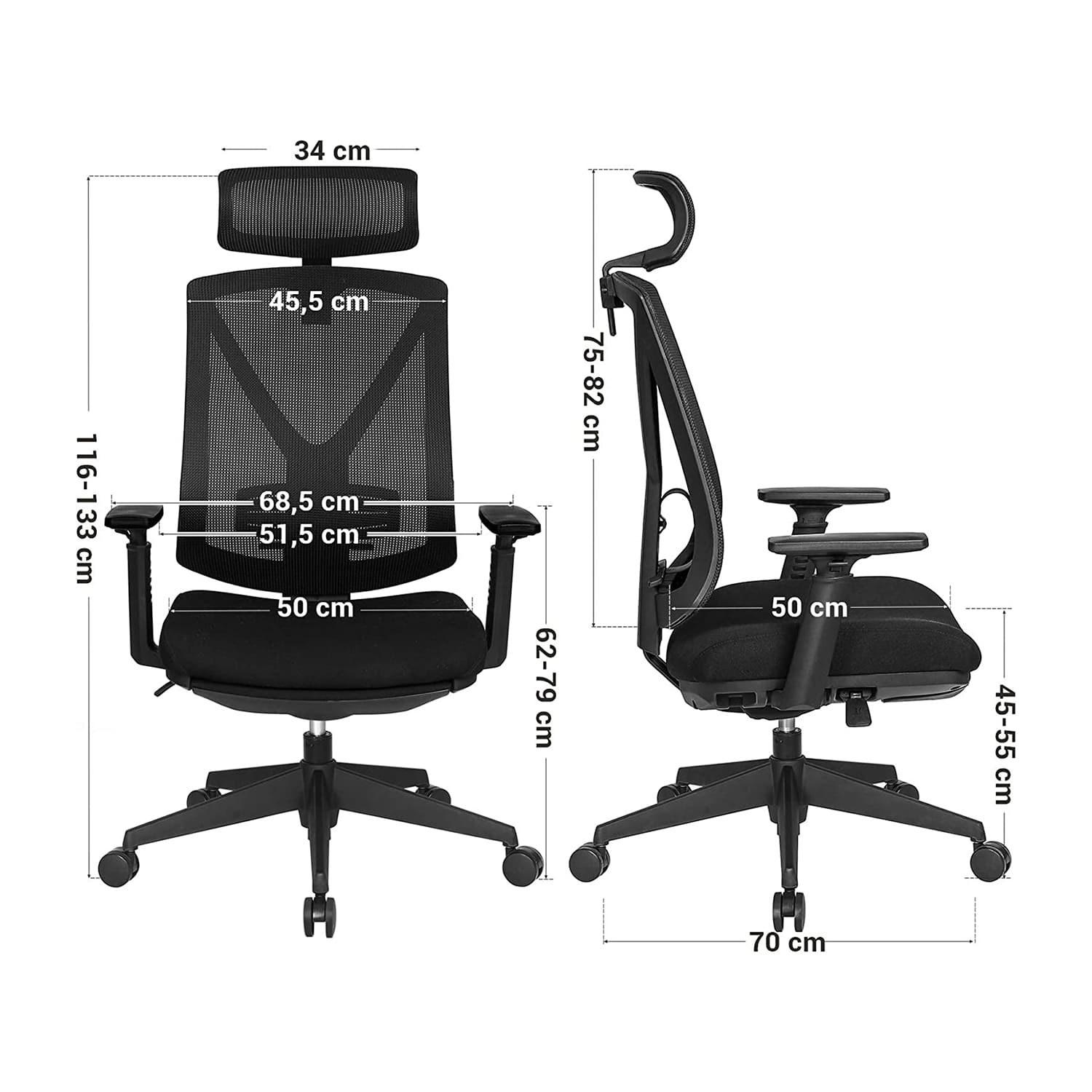 Chaise d'ordinateur, Appui-tête et accoudoirs réglables, Chaise ergonomique, Hauteur réglable 116 - 133 cm, SONGMICS
