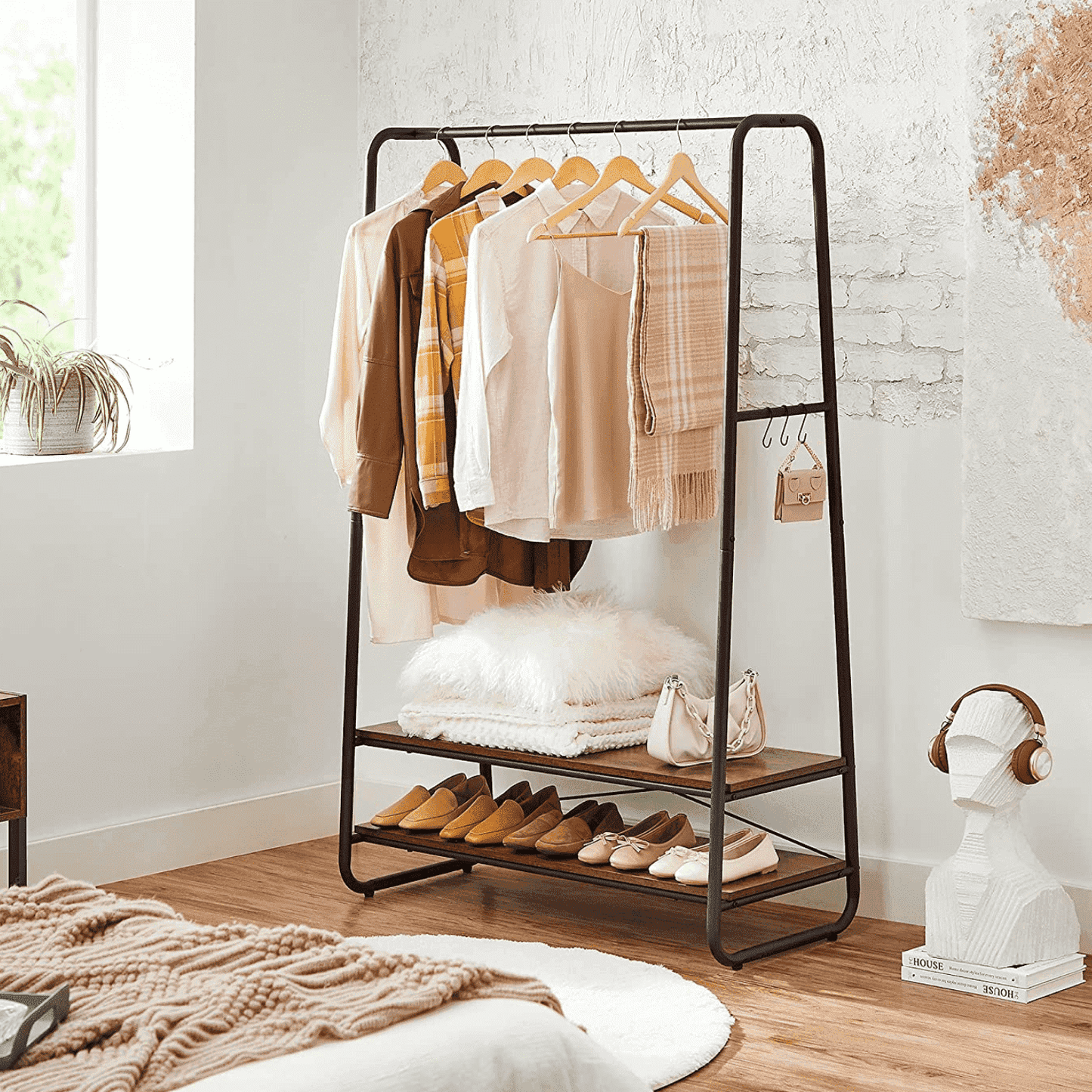 Portant Vêtements Solide, jusqu'à 170 kg, Porte Vetement Chambre, Porte-manteau avec 2 étagères, VASAGLE, 2