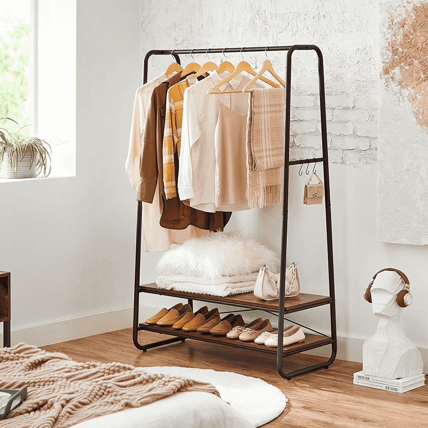 Portant Vêtements Solide, jusqu'à 170 kg, Porte Vetement Chambre, Porte-manteau avec 2 étagères, VASAGLE, 2