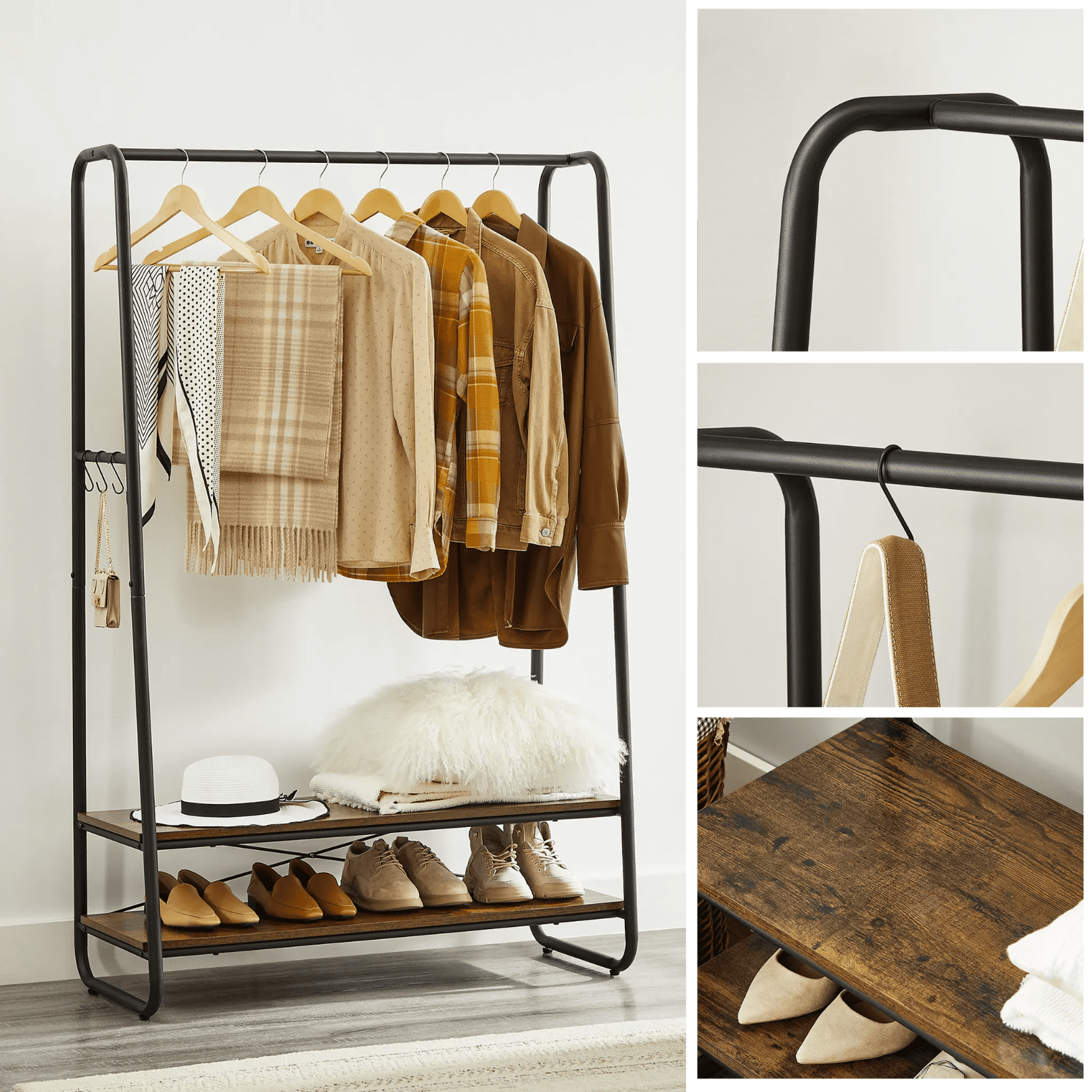 Portant Vêtements Solide, jusqu'à 170 kg, Porte Vetement Chambre, Porte-manteau avec 2 étagères, VASAGLE, 3