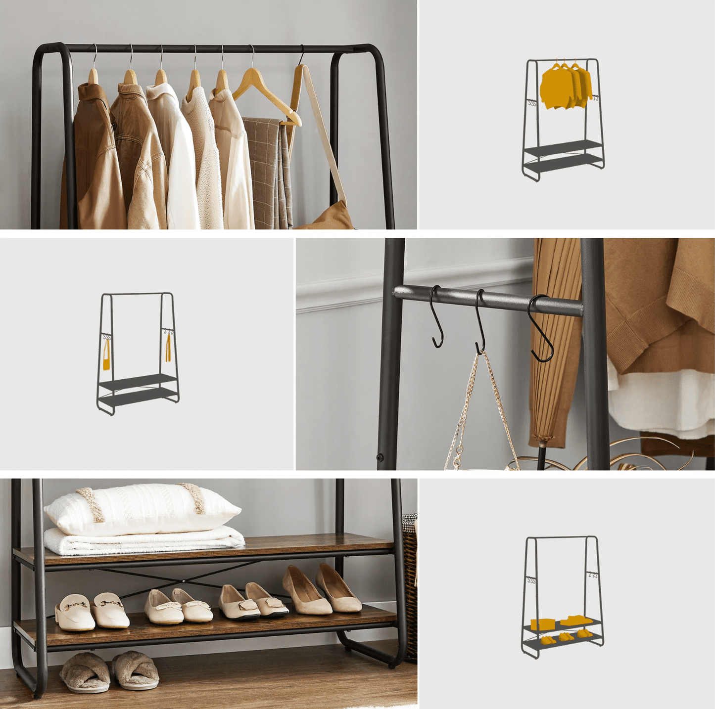 Portant Vêtements Solide, jusqu'à 170 kg, Porte Vetement Chambre, Porte-manteau avec 2 étagères, VASAGLE, 6