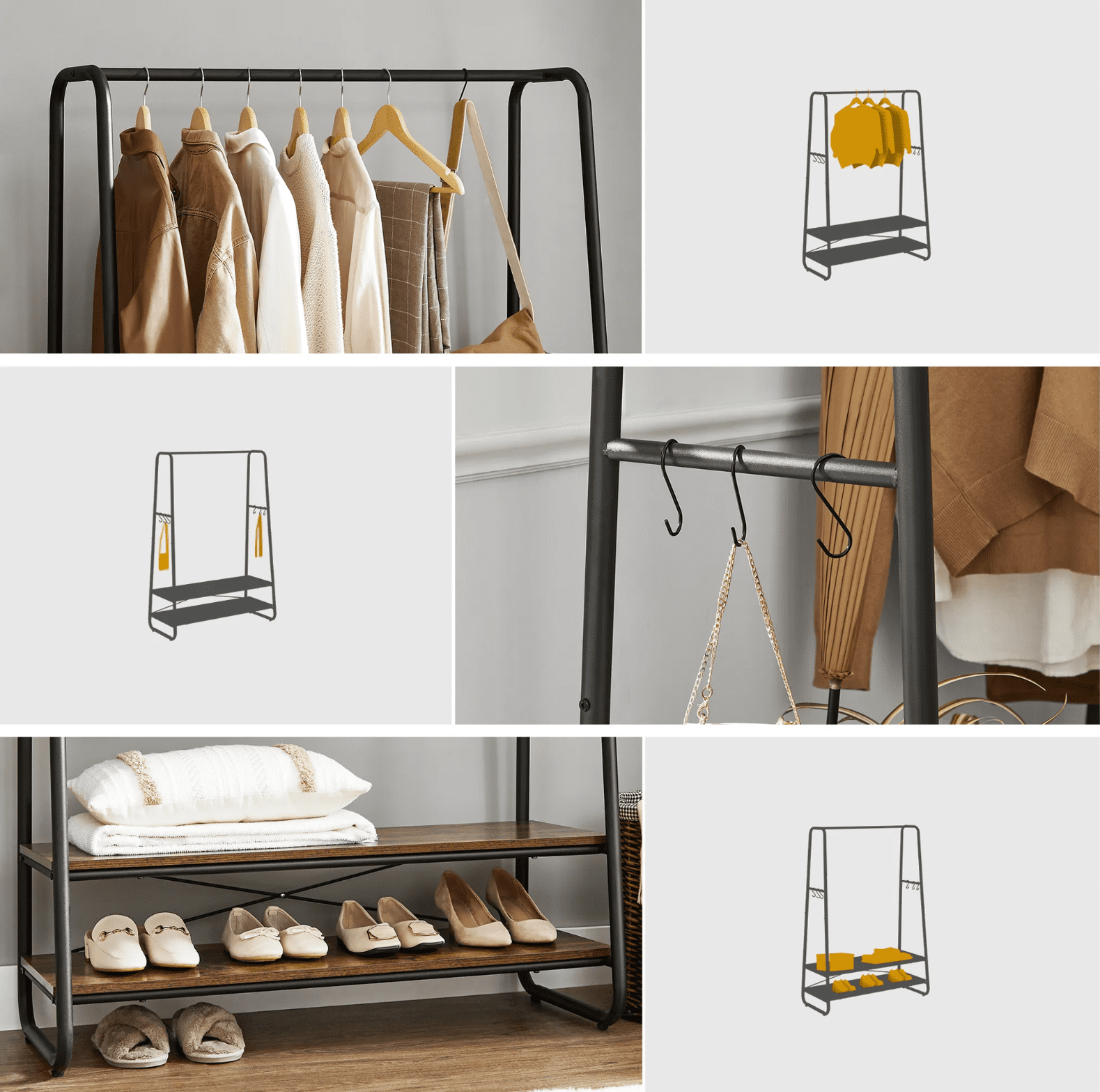 Portant Vêtements Solide, jusqu'à 170 kg, Porte Vetement Chambre, Porte-manteau avec 2 étagères, VASAGLE, 6