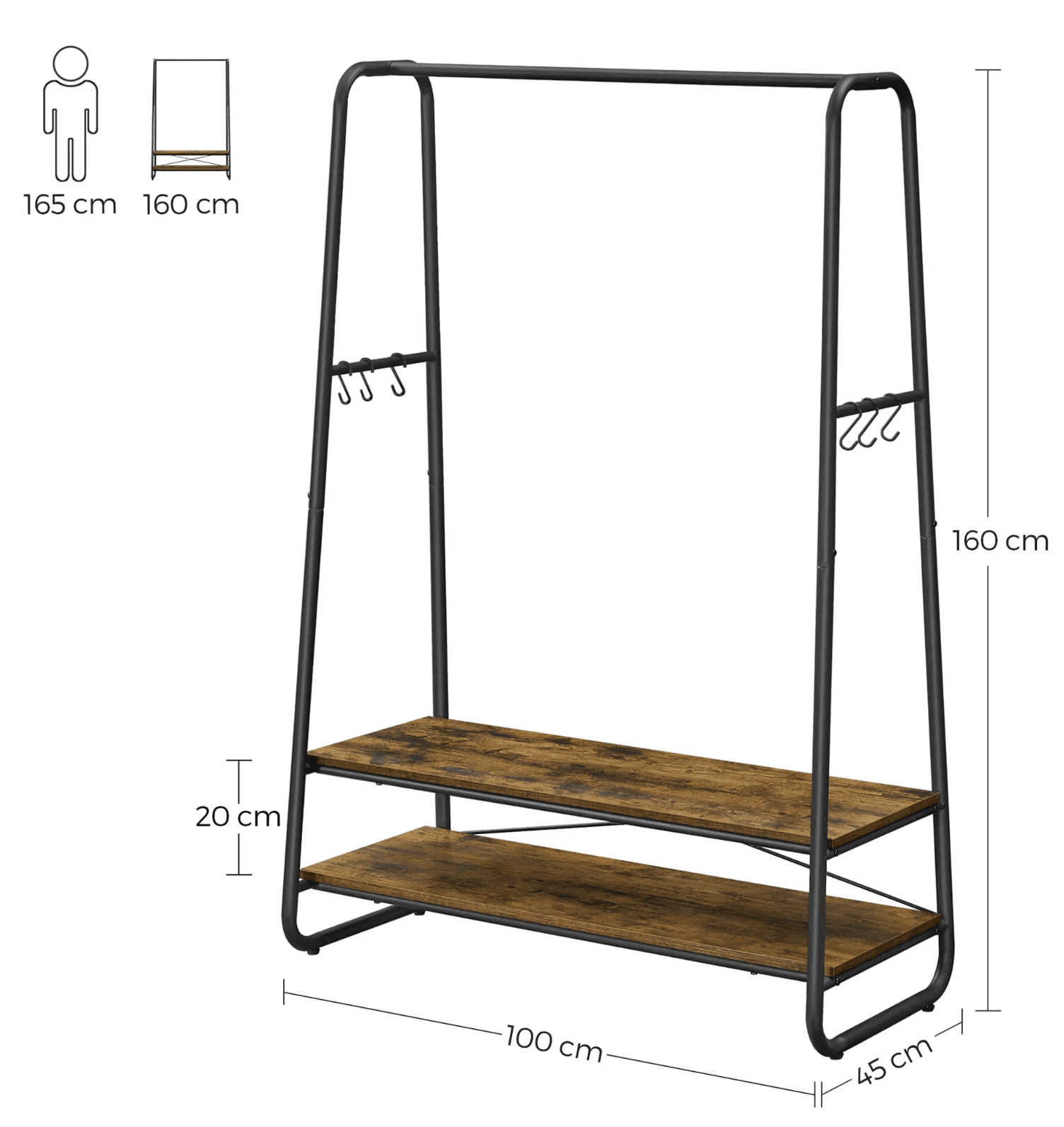 Portant Vêtements Solide, jusqu'à 170 kg, Porte Vetement Chambre, Porte-manteau avec 2 étagères, VASAGLE, 9