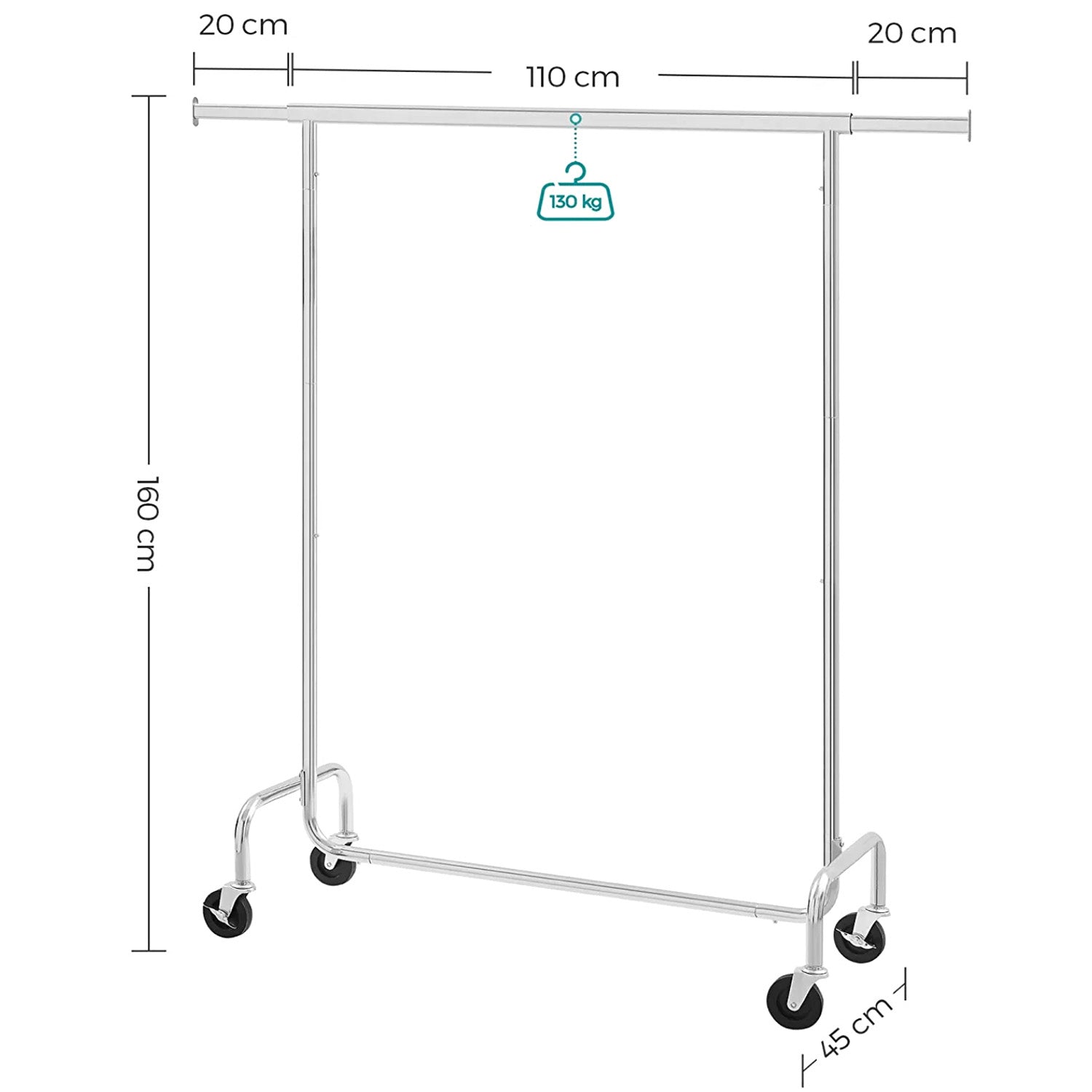 Portant vêtement, Charge Max 130 kg, Télescopique, Réglable, avec roulettes, Mètal chromé, SONGMICS, 2