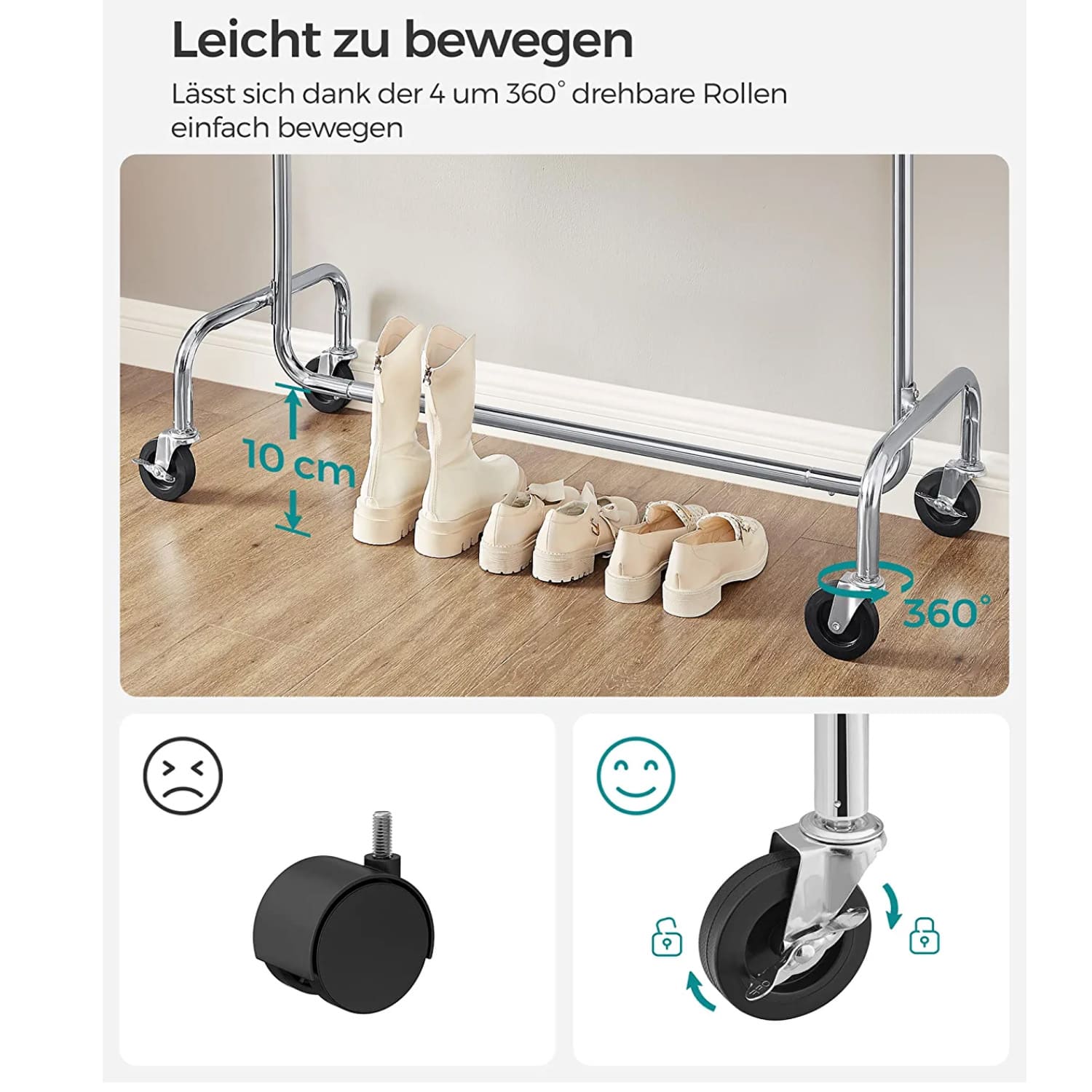 Portant vêtement, Charge Max 130 kg, Télescopique, Réglable, avec roulettes, Mètal chromé, SONGMICS, 5