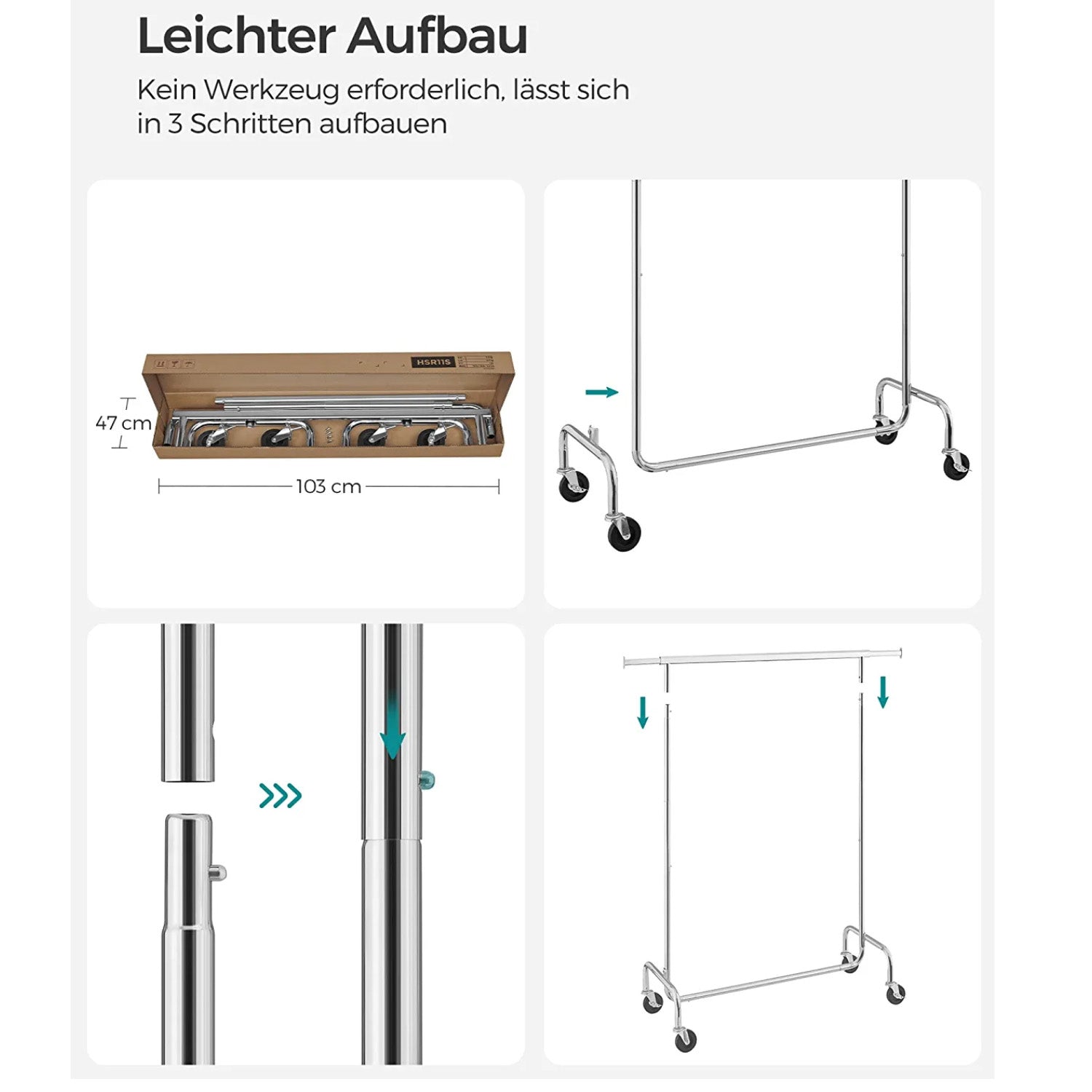 Portant vêtement, Charge Max 130 kg, Télescopique, Réglable, avec roulettes, Mètal chromé, SONGMICS, 8