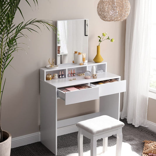 VASAGLE - Coiffeuse avec Miroir rectangulaire, Table de Maquillage, avec 2 tiroirs et 3 Compartiments de Rangement, Style Moderne, Blanc