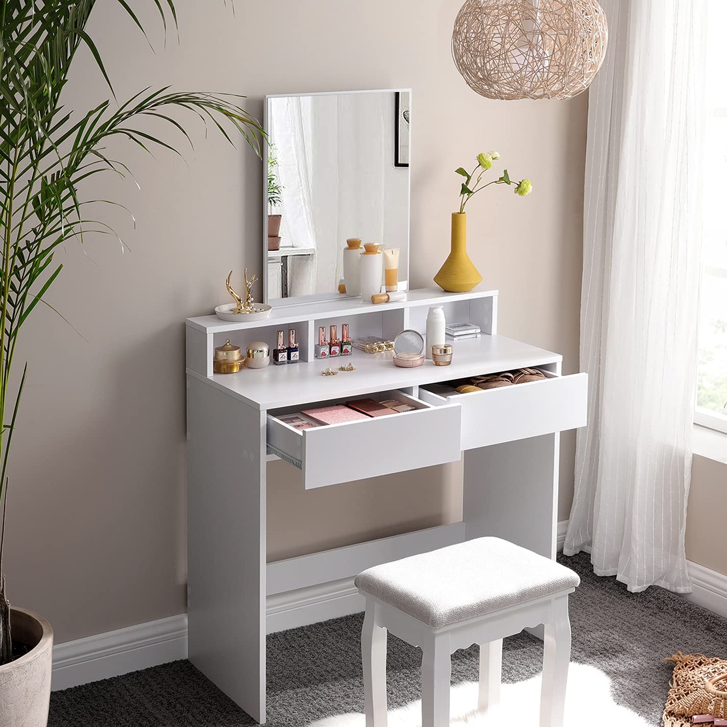 Coiffeuse avec Miroir rectangulaire, Table de Maquillage, avec 2 tiroirs et 3 Compartiments de Rangement, Blanc, VASAGLE